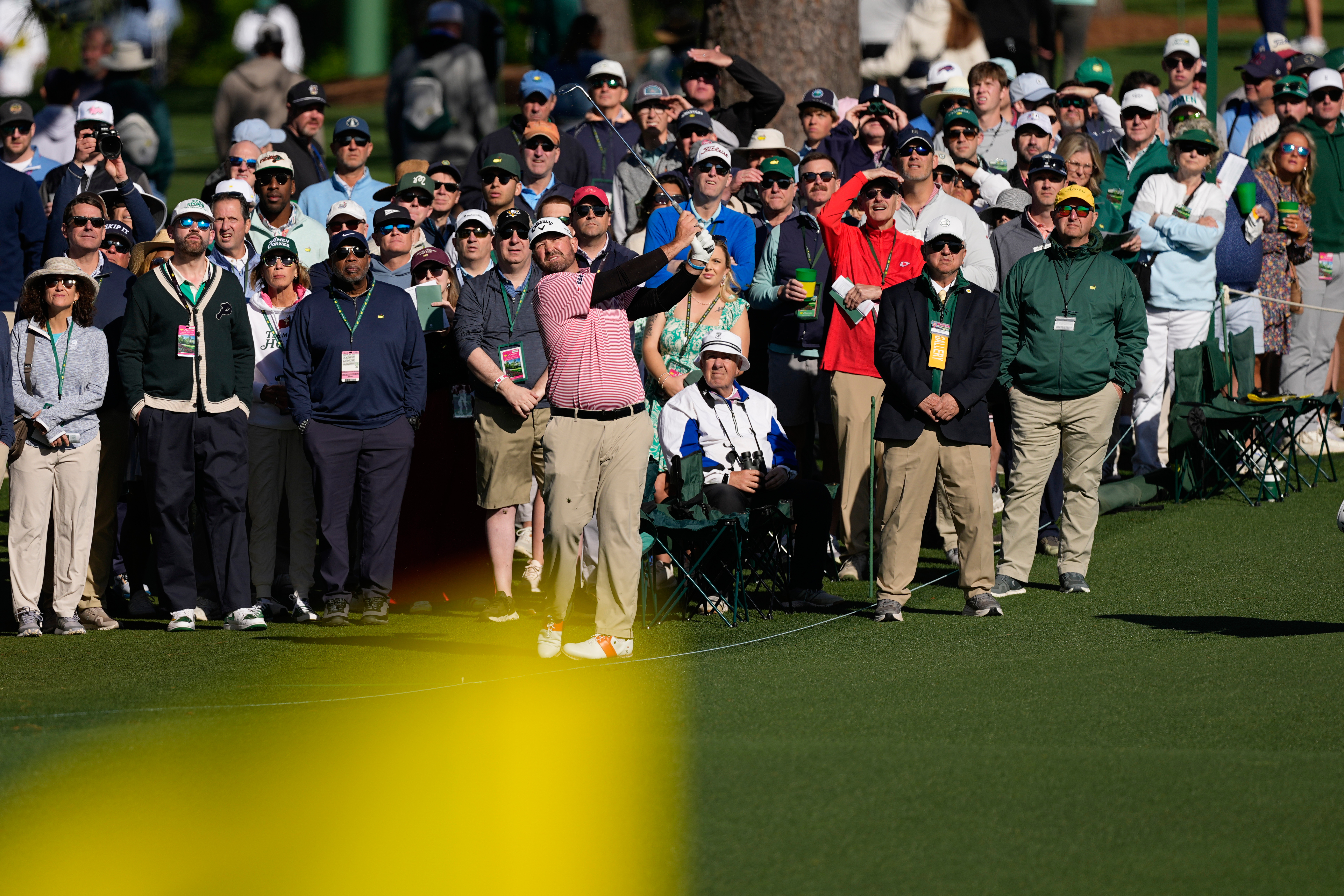Brandon Holtz hits on the second hole during the first round of the Masters golf tournament at the Augusta National Golf Club, Thursday, April 9, 2026, in Augusta, Ga. (AP Photo/David J. Phillip)