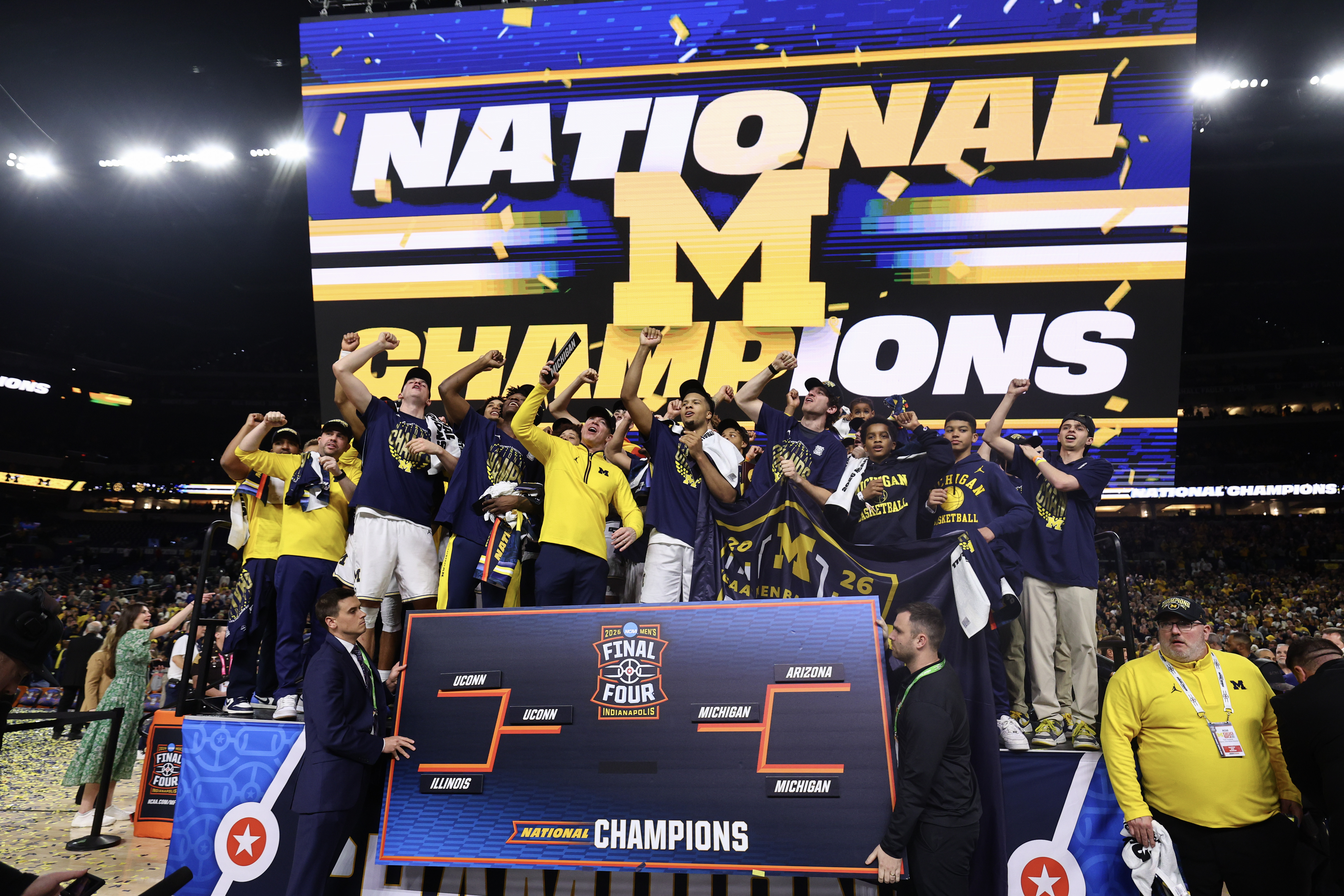 INDIANAPOLIS, INDIANA - APRIL 06: The Michigan Wolverines celebrate after defeating the UConn Huskies in the National Championship of the 2026 NCAA Men's Basketball Tournament at Lucas Oil Stadium on April 06, 2026 in Indianapolis, Indiana. (Photo by Jamie Schwaberow/NCAA Photos via Getty Images)
