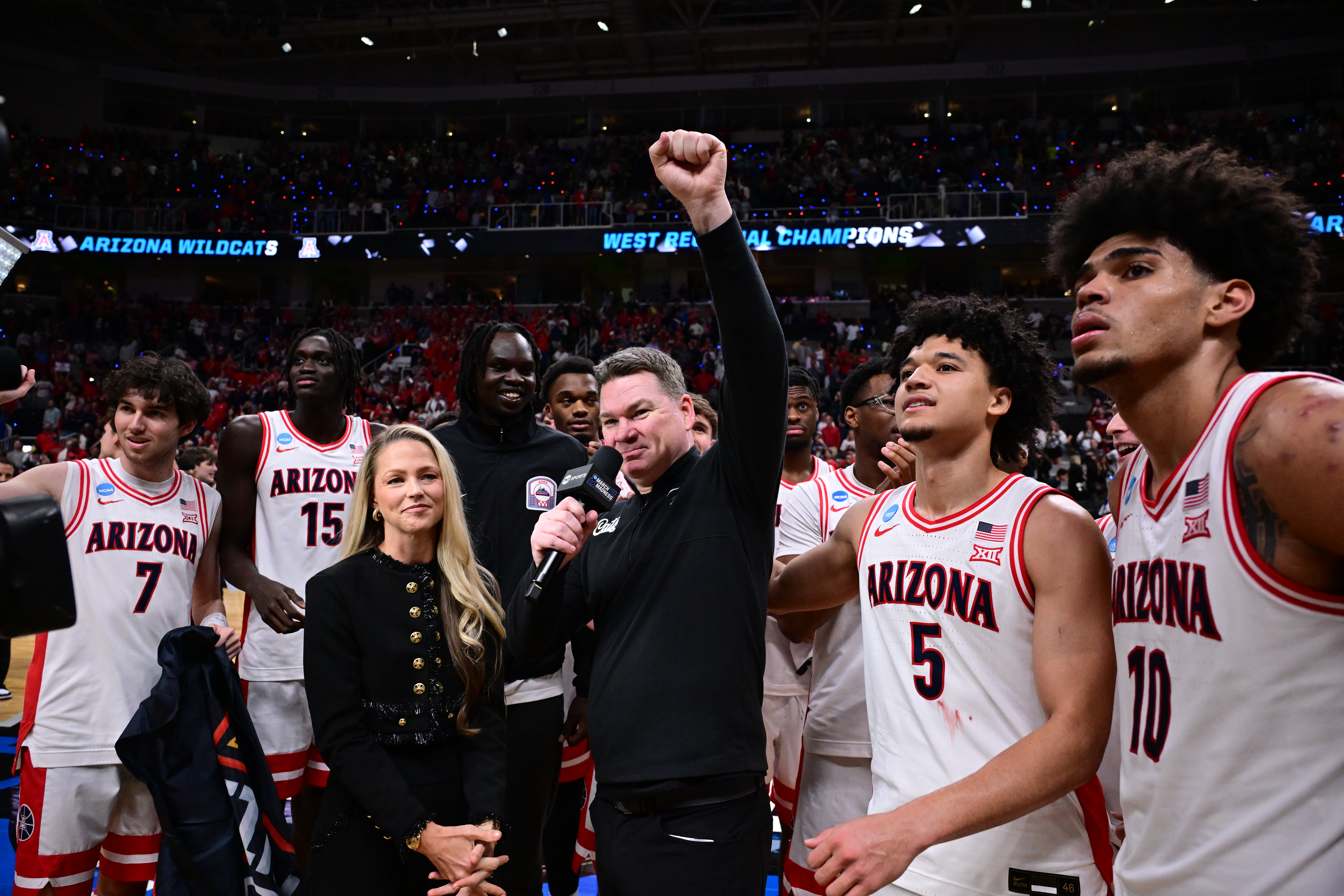 SAN JOSE, CALIFORNIA - MARCH 28: Arizona Wildcats Head Coach Tommy Lloyd celebrates after defeating the Purdue Boilermakers during the Elite Eight round game of the 2026 NCAA Men's Basketball Tournament held at SAP Center on March 28, 2026 in San Jose, California. (Photo by Ben Solomon/NCAA Photos via Getty Images)