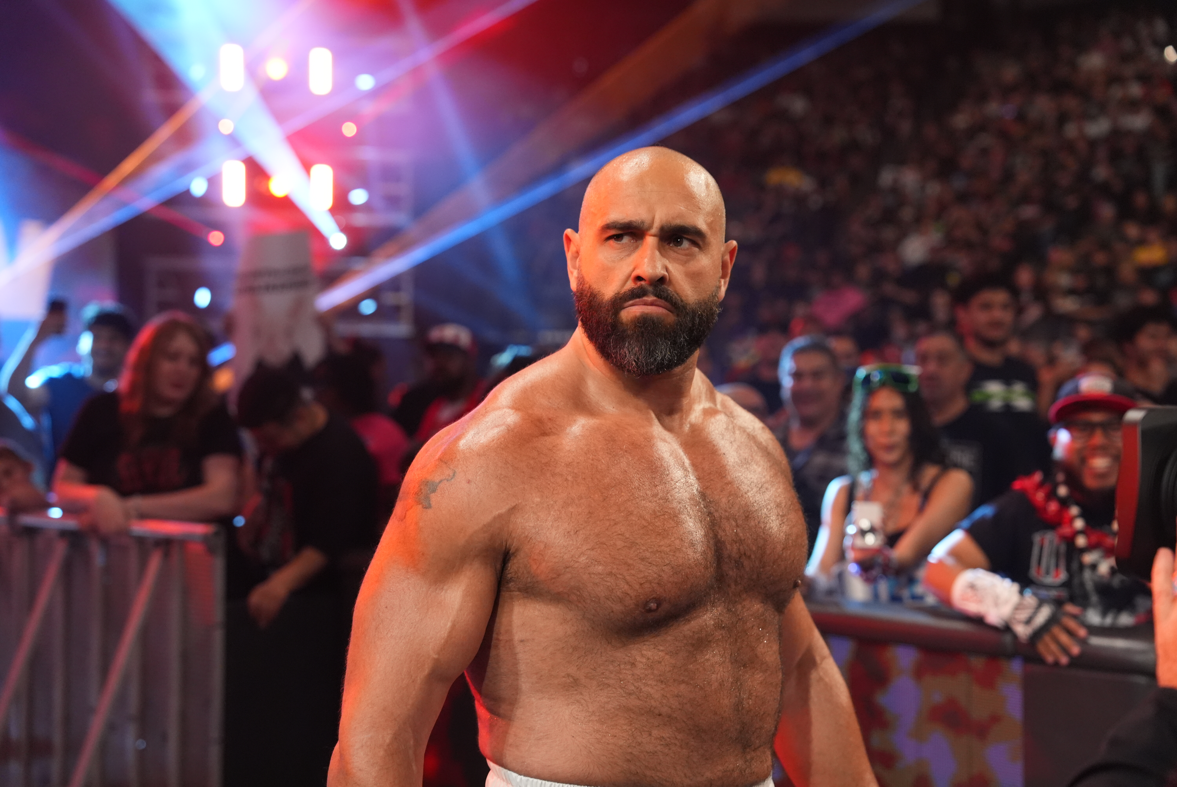 SACRAMENTO, CALIFORNIA - OCTOBER 20: Rusev makes his entrance during Monday Night RAW at Golden 1 Center on October 20, 2025 in Sacramento, California.  (Photo by Craig Melvin/WWE via Getty Images)