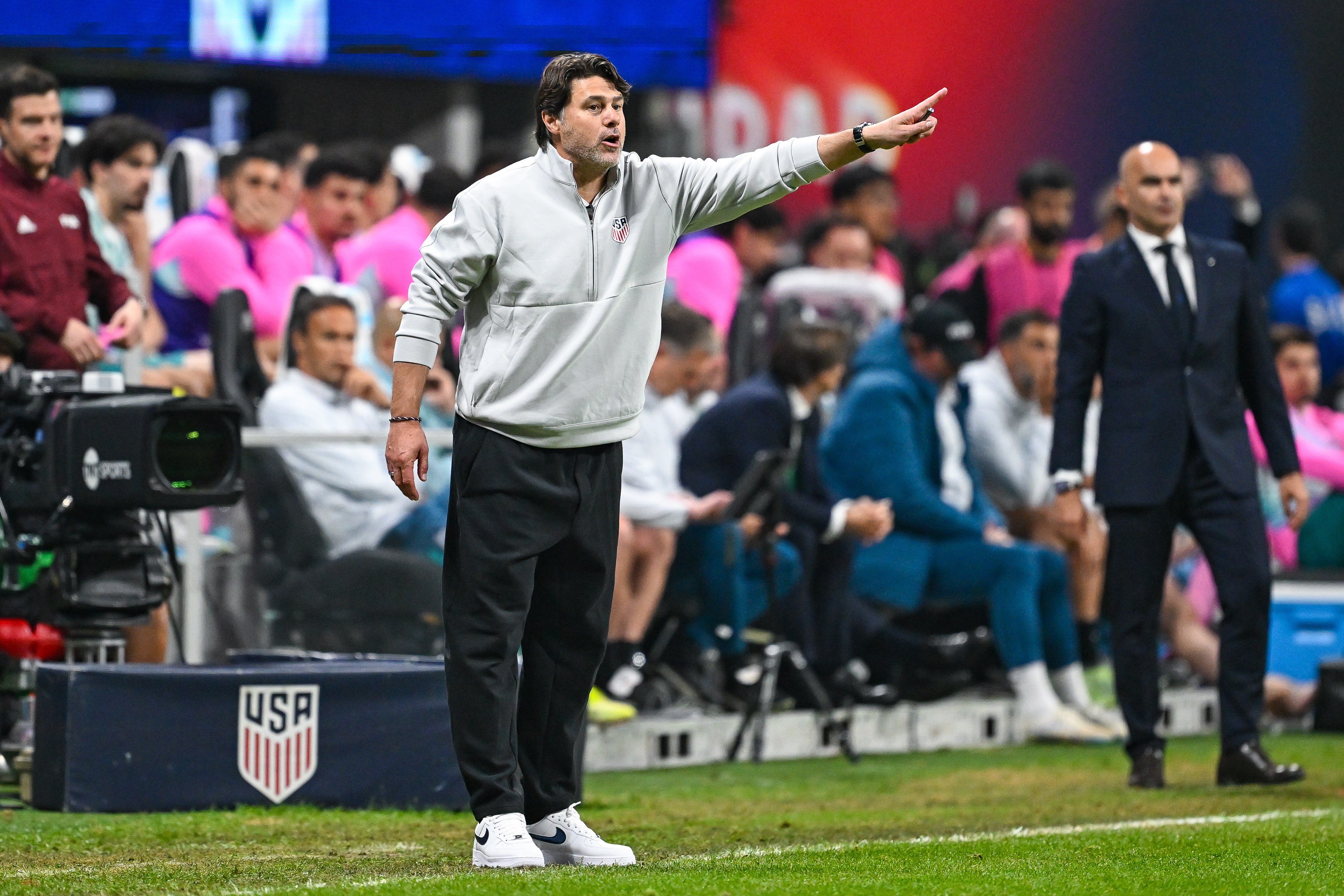ATLANTA, GA - MARCH 31:  United States coach Mauricio Pochettino reacts during the international friendly between Portugal and the United States on March 31st, 2026 at Mercedes-Benz Stadium in Atlanta, GA.  (Photo by Rich von Biberstein/Icon Sportswire via Getty Images)