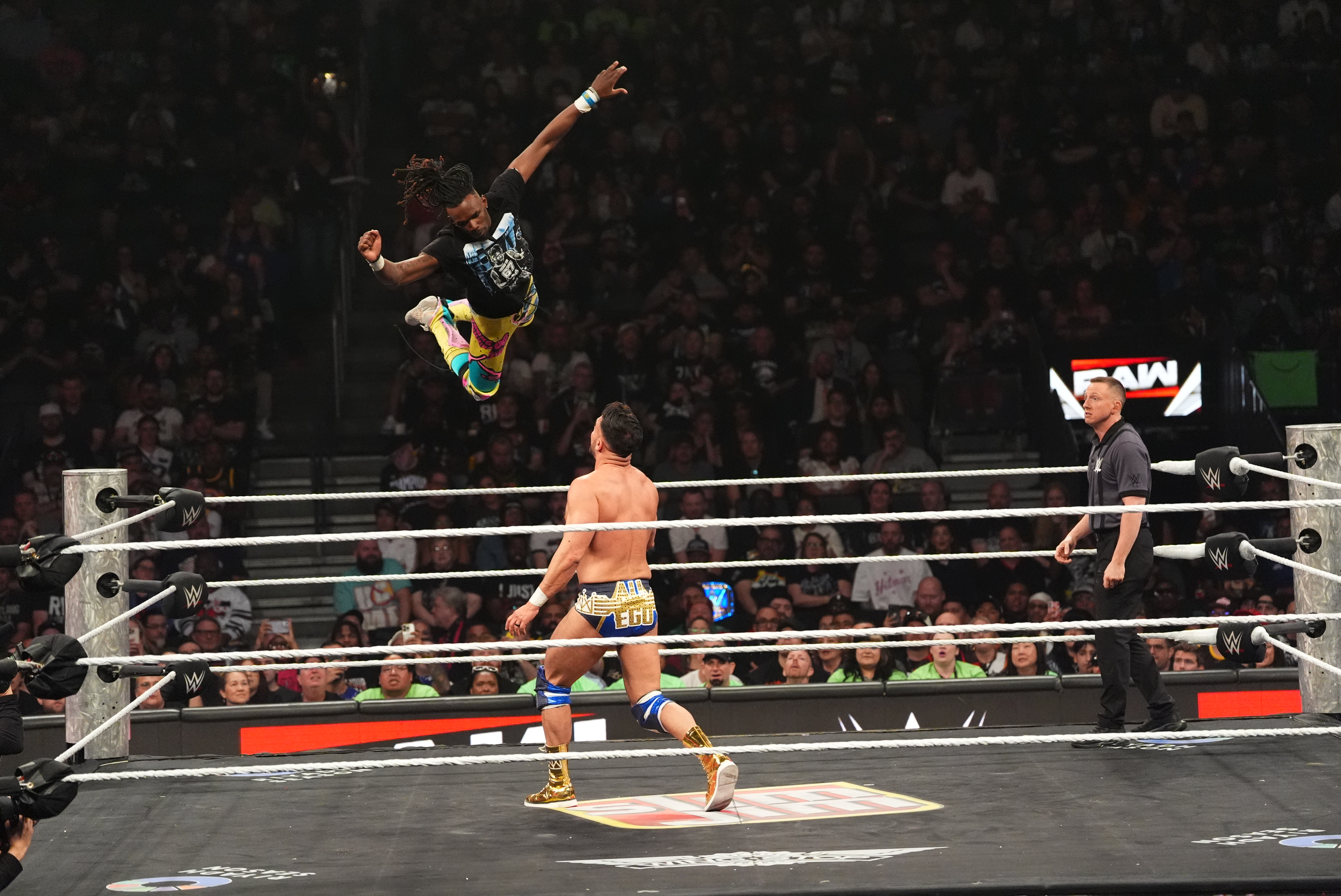 LAS VEGAS, NEVADA - APRIL 20: Je'Von Evans in action against Ethan Page during Monday Night RAW at T-Mobile Arena on April 20, 2026 in Las Vegas, Nevada.  (Photo by Georgiana Dallas/WWE Via Getty Images)
