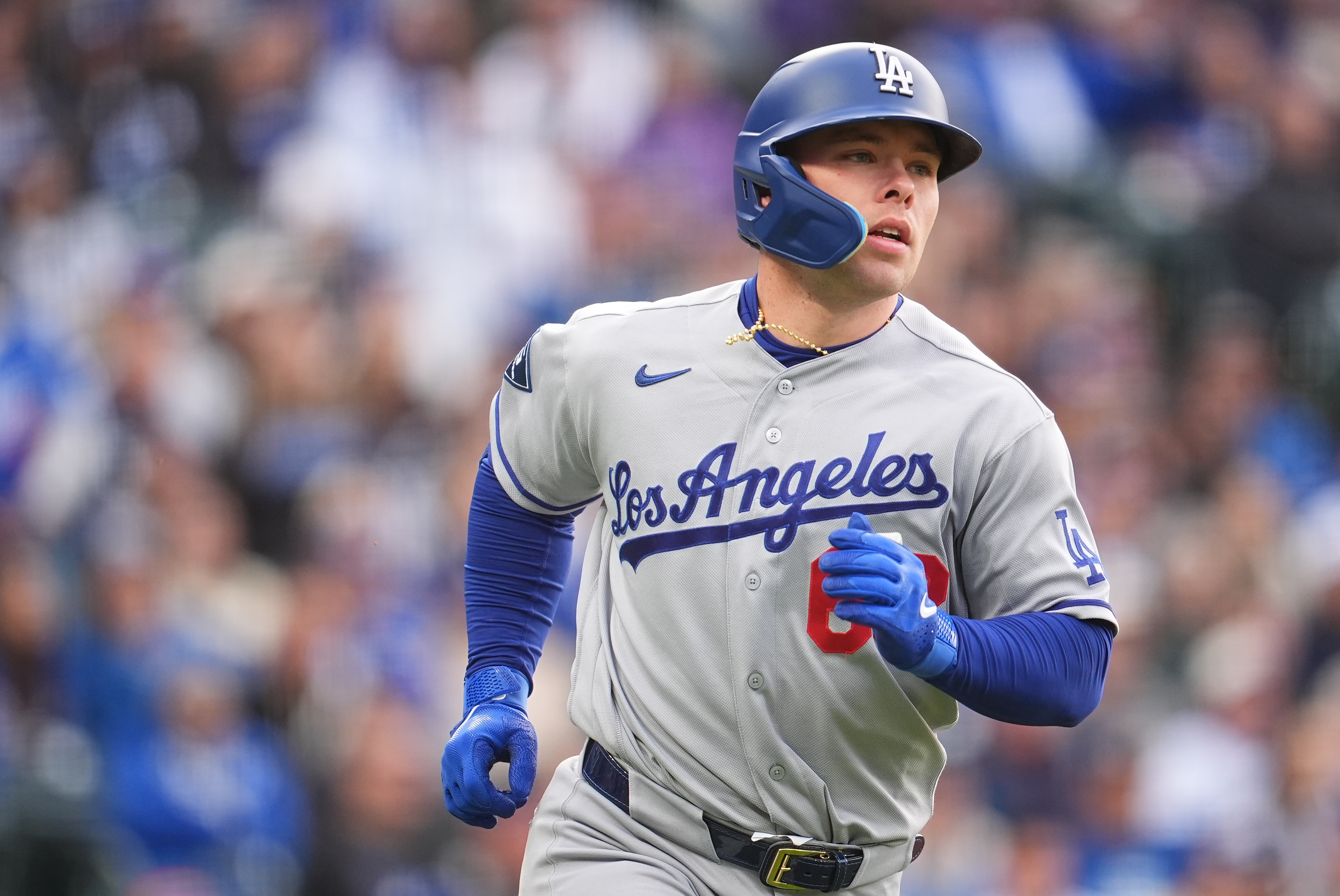 Los Angeles Dodgers catcher Dalton Rushing (68) in the second inning of a baseball game Saturday, April 18, 2026, in Denver. (AP Photo/David Zalubowski)