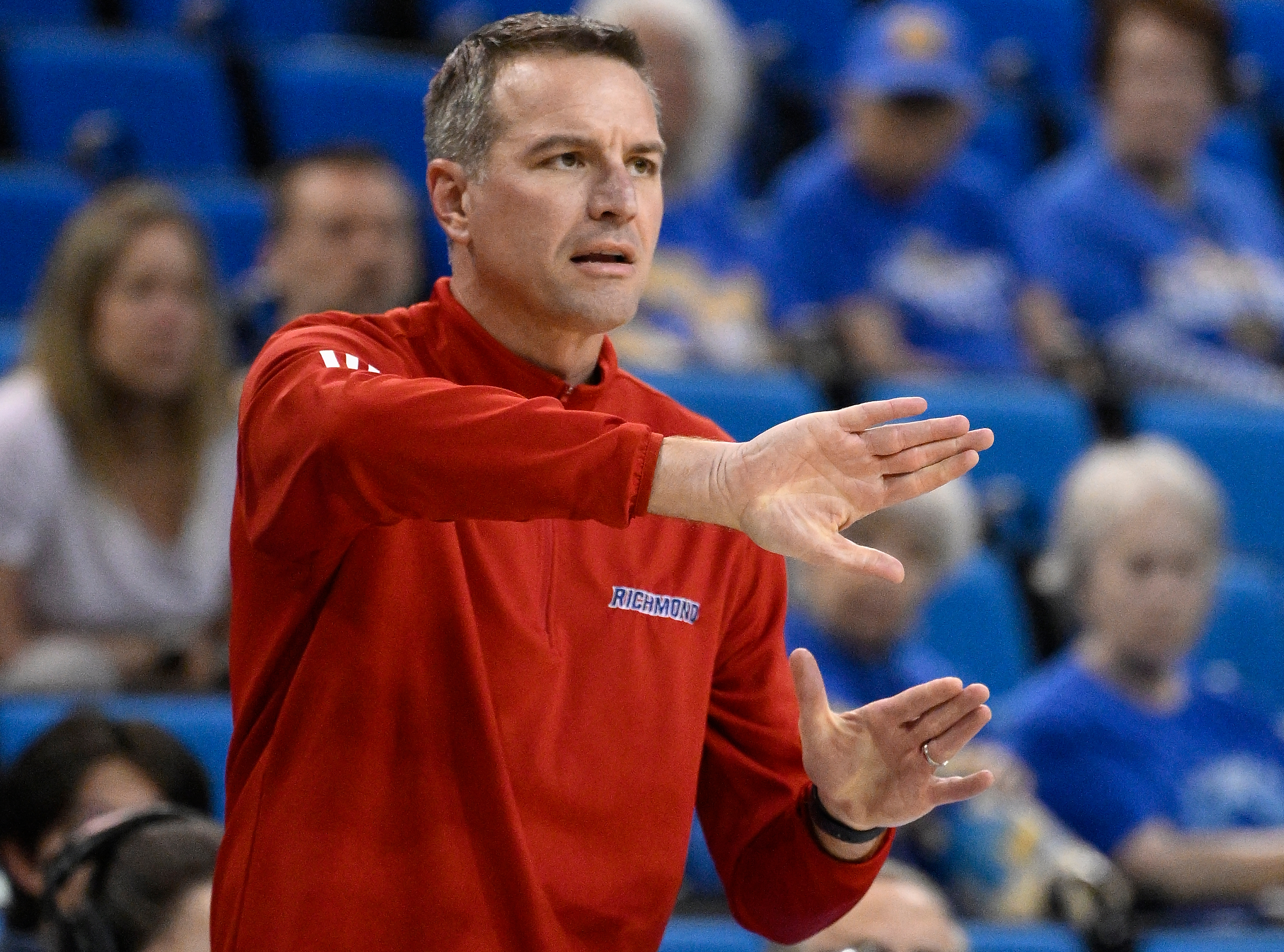 Mar 21, 2025; Los Angeles, California, USA; Richmond Spiders head coach Aaron Roussell during the second quarter against the Georgia Tech Yellow Jackets at NCAA Tournament first-round game at Pauley Pavilion presented by Wescom. Mandatory Credit: Robert Hanashiro-Imagn Images