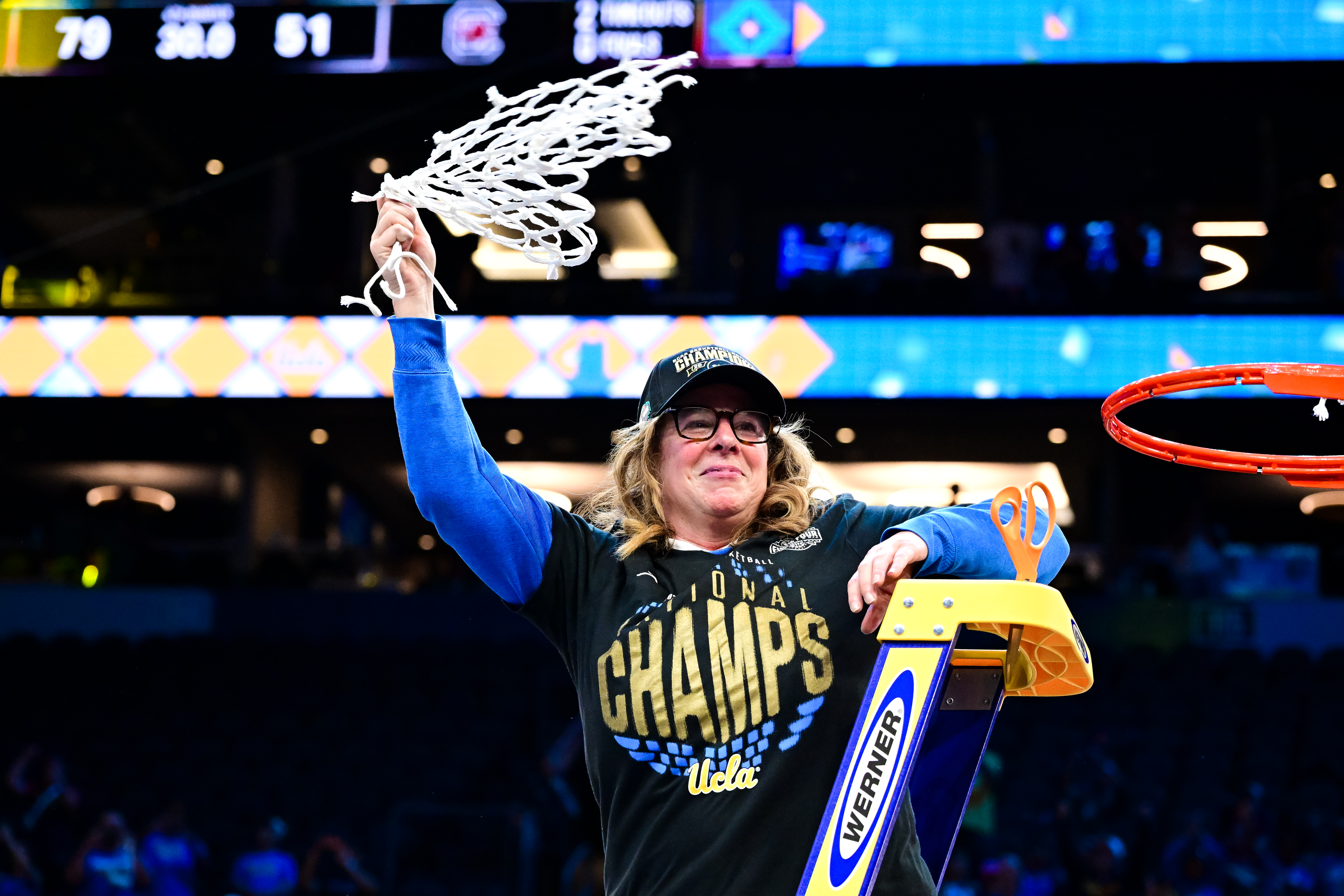 PHOENIX, ARIZONA - APRIL 5: Head coach Cori Close of the UCLA Bruins swings around the net after defeating the South Carolina Gamecocks in the NCAA Women's Basketball Championship game at Mortgage Matchup Center on April 5, 2026 in Phoenix, Arizona. (Photo by Ben Solomon/NCAA Photos via Getty Images)