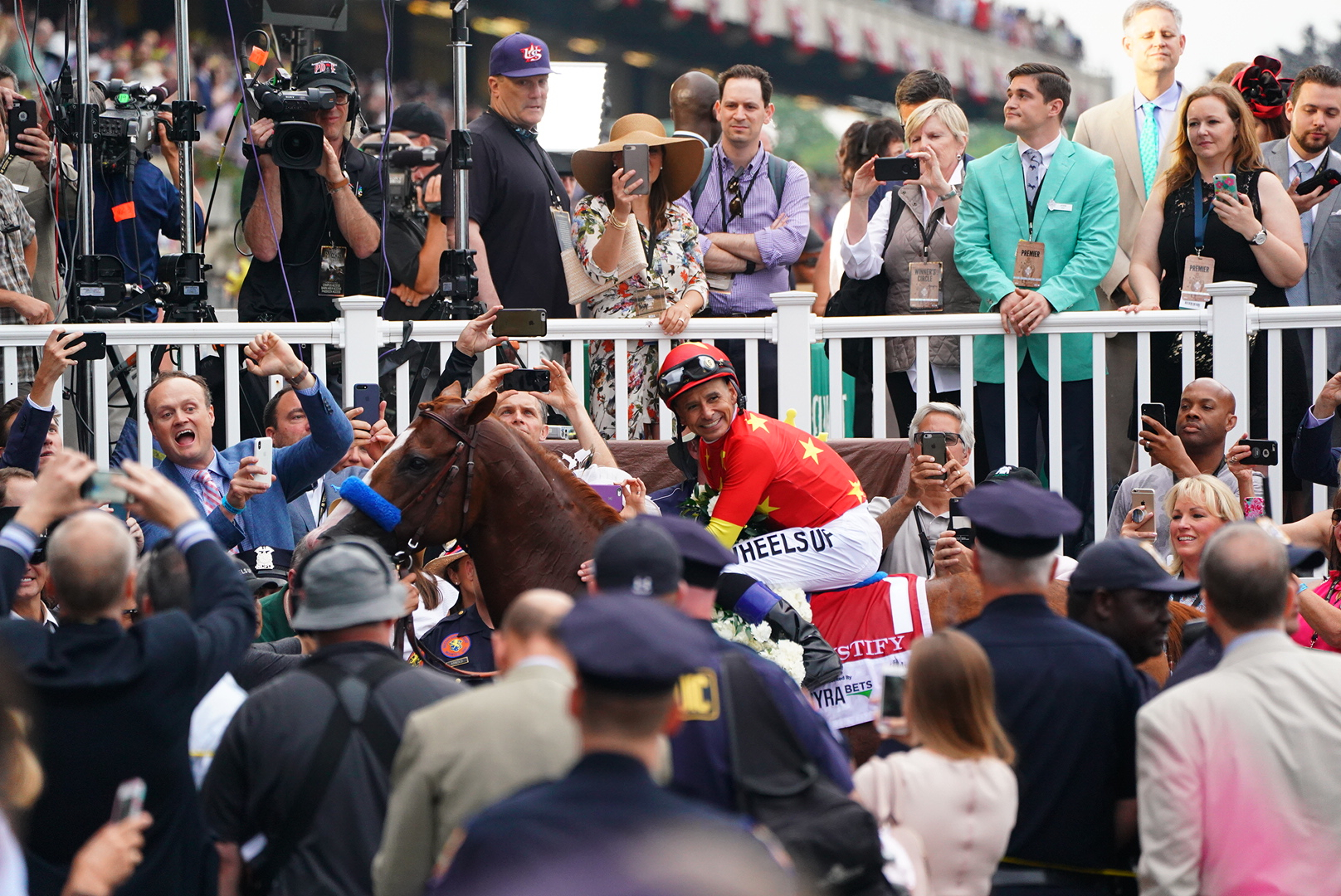 Horse Racing: Belmont Stakes: Mike Smith aboard Justify (1) in Winner's Circle after winning race at Belmont Park.Elmont, NY 6/9/2018CREDIT: Erick W. Rasco (Photo by Erick W. Rasco /Sports Illustrated via Getty Images)(Set Number: X161973 TK1 )