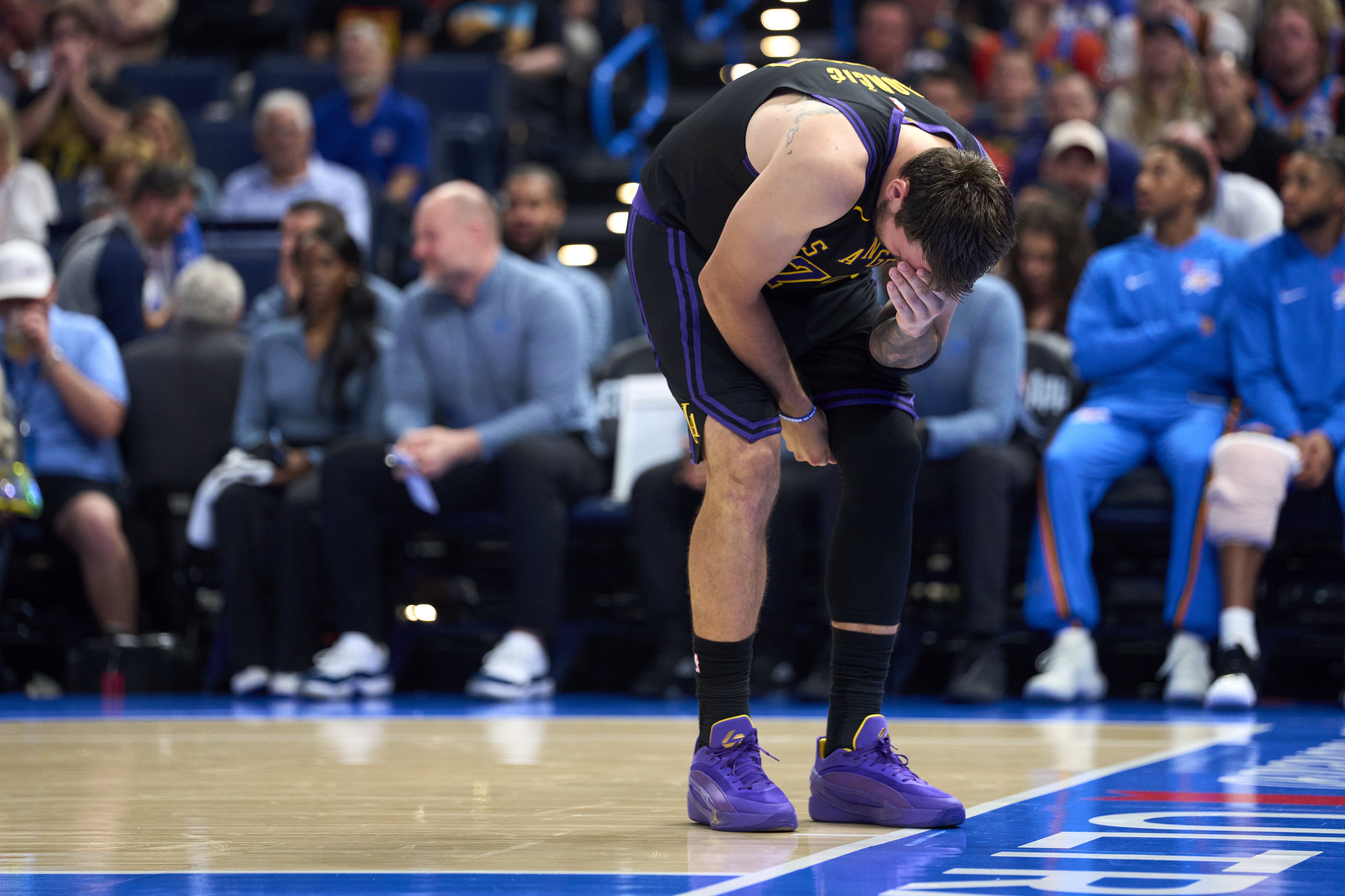  Luka Doncic #77 of the Los Angeles Lakers reacts after a play during the second half against the Oklahoma City Thunder at the Paycom Center on April 2, 2026 in Oklahoma City, Oklahoma. NOTE TO USER: User expressly acknowledges and agrees that, by downloading and or using this photograph, User is consenting to the terms and conditions of the Getty Images License Agreement.  (Photo by Cooper Neill/Getty Images)