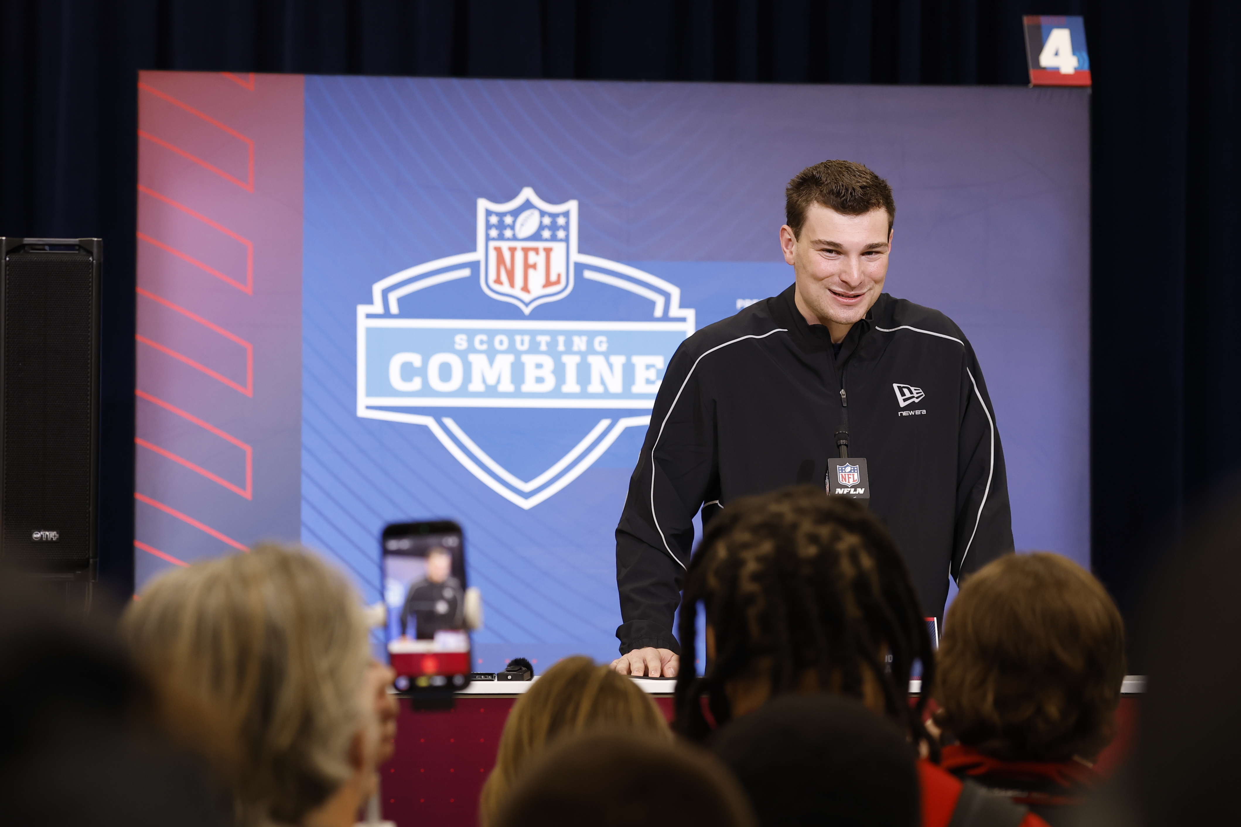 Fernando Mendoza speaks to the media during the 2026 NFL Scouting Combine. Mendoza is the presumptive No. 1 pick in this year's draft. (Photo by Lauren Leigh Bacho/Getty Images)