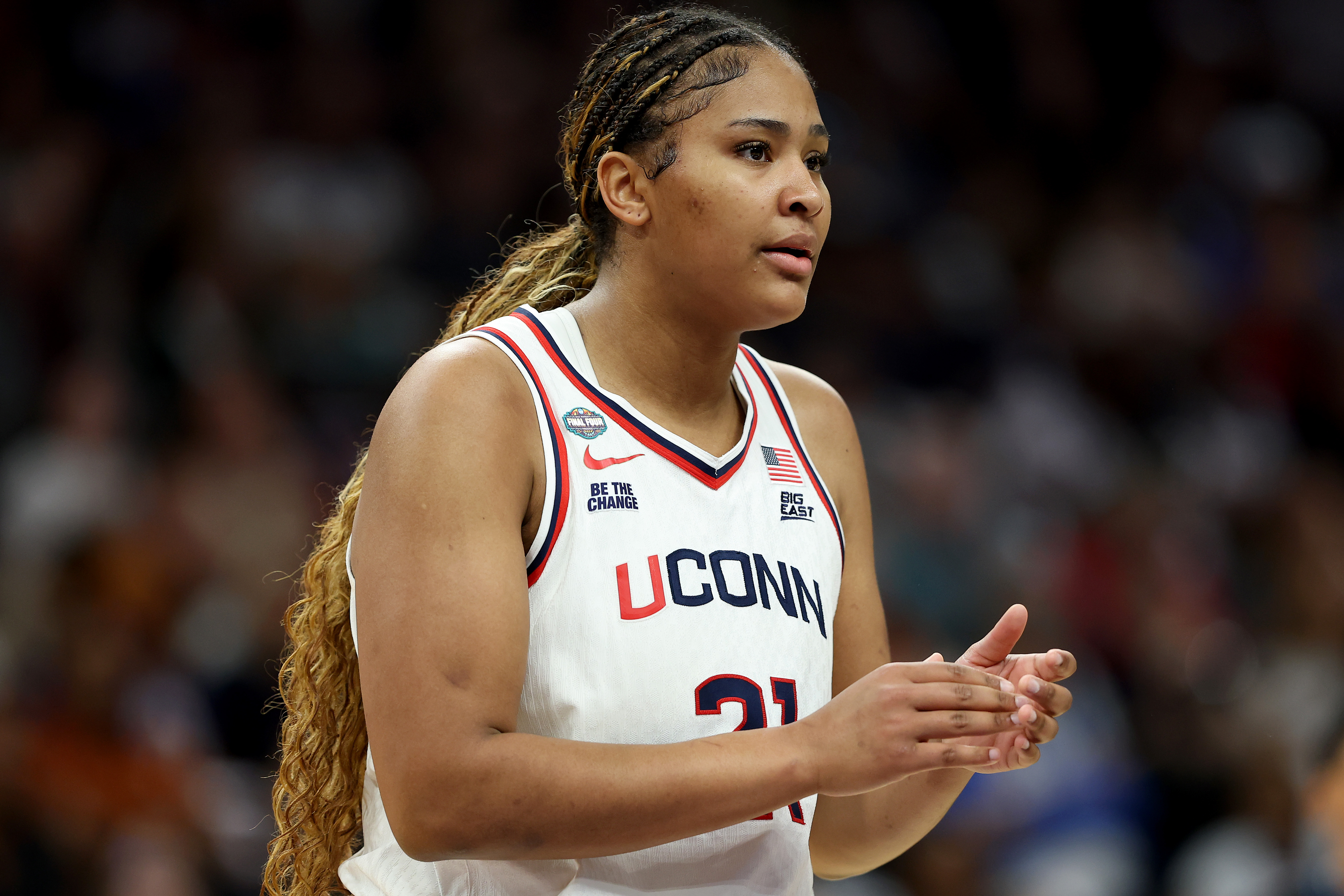 PHOENIX, ARIZONA - APRIL 03: Sarah Strong #21 of the UConn Huskies reacts during the second quarter against the South Carolina Gamecocks in the Final Four of the NCAA Women's Basketball Tournament at Mortgage Matchup Center on April 03, 2026 in Phoenix, Arizona. (Photo by Sarah Stier/Getty Images)