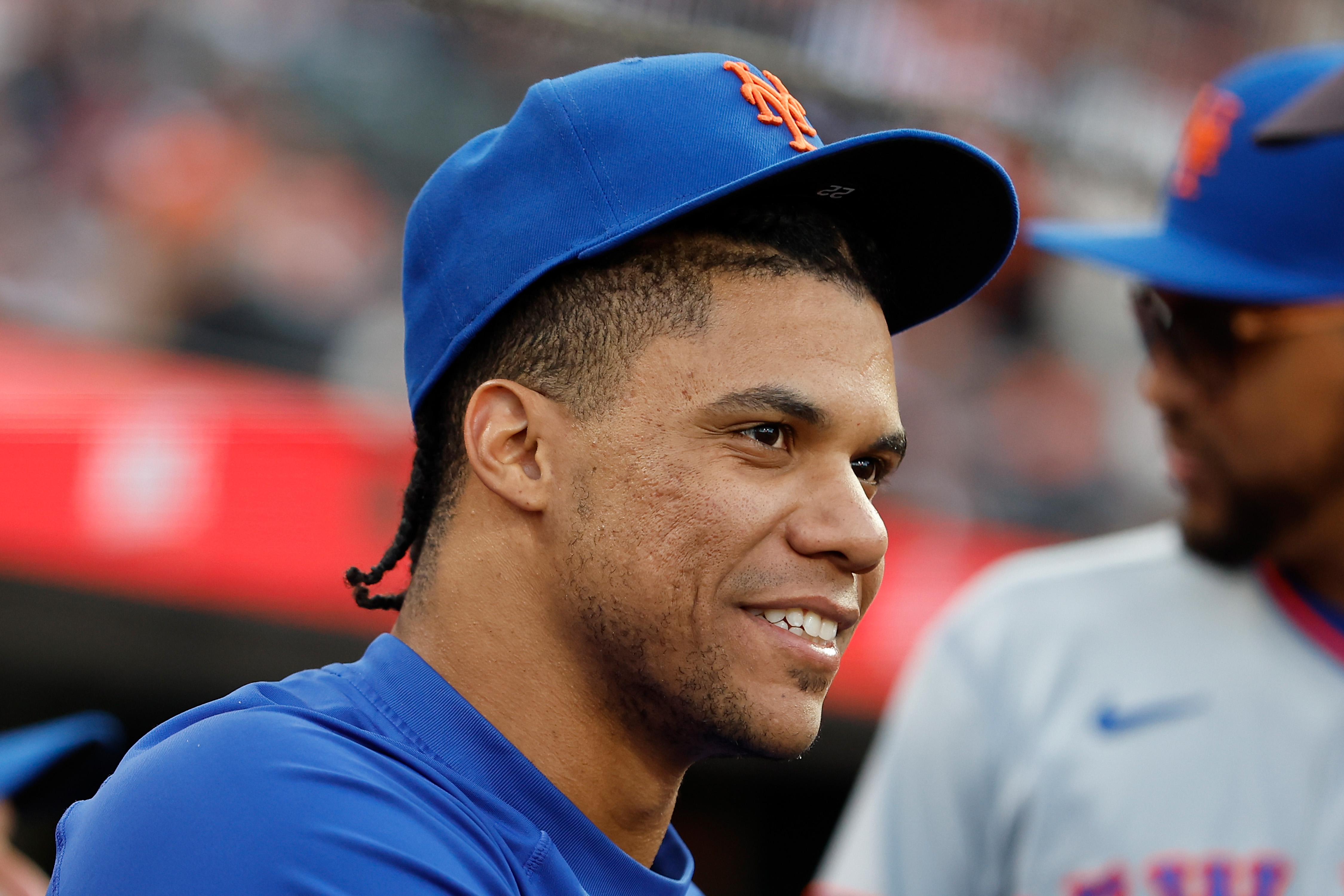 SAN FRANCISCO, CALIFORNIA - APRIL 04: Juan Soto #22 of the New York Mets looks on from the dugout during the game against the San Francisco Giants at Oracle Park on April 04, 2026 in San Francisco, California. (Photo by Lachlan Cunningham/Getty Images)