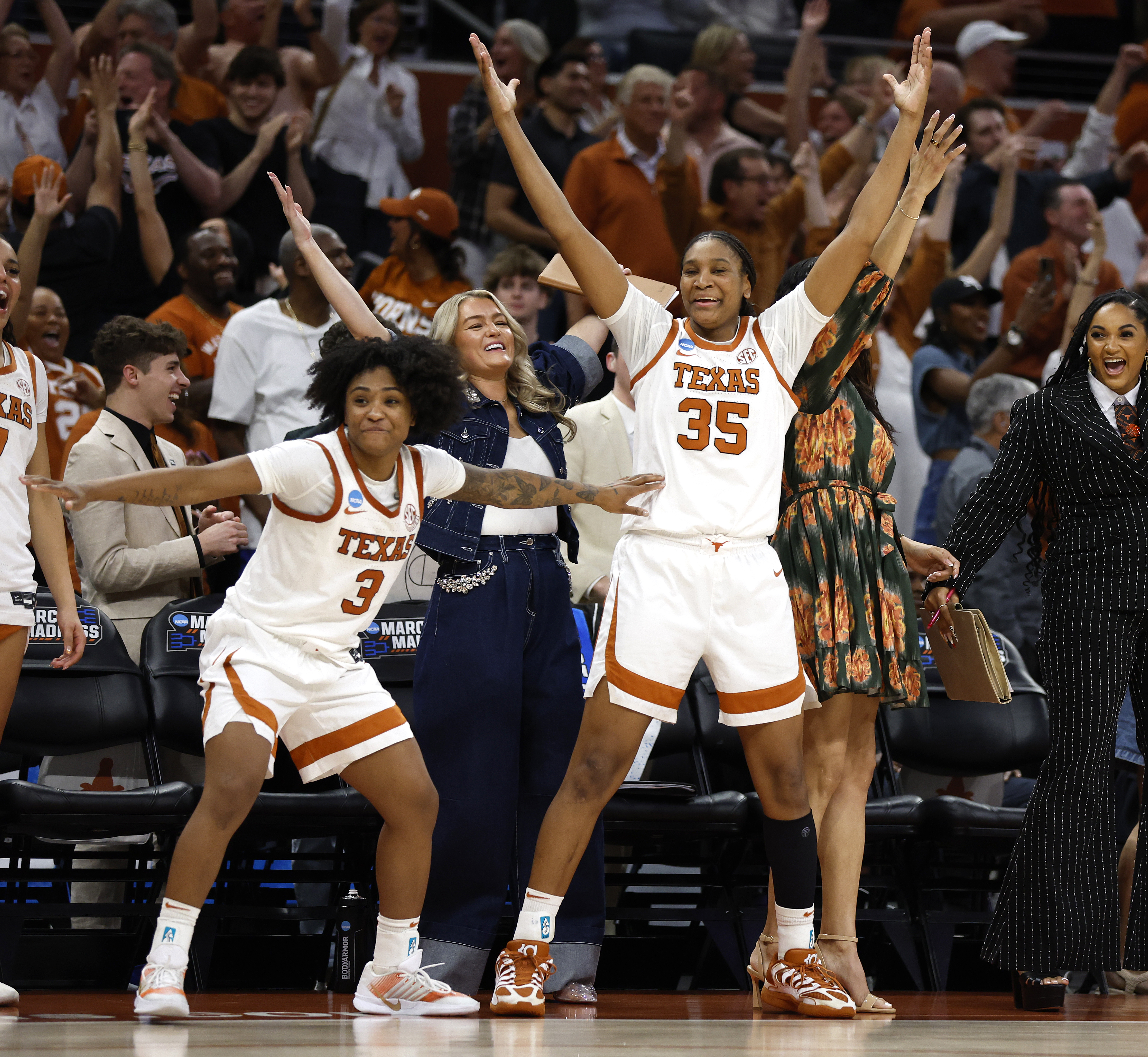 AUSTIN, TEXAS -MARCH 22: Rori Harmon #3 and Madison Booker #35 of the Texas Longhorns watch closing minute of the game against the Oregon Ducks in the second half of a second-round NCAA Women's Basketball Tournament game at Moody Center on March 22, 2026 in Austin, Texas.  (Photo by Ronald Cortes/Getty Images)