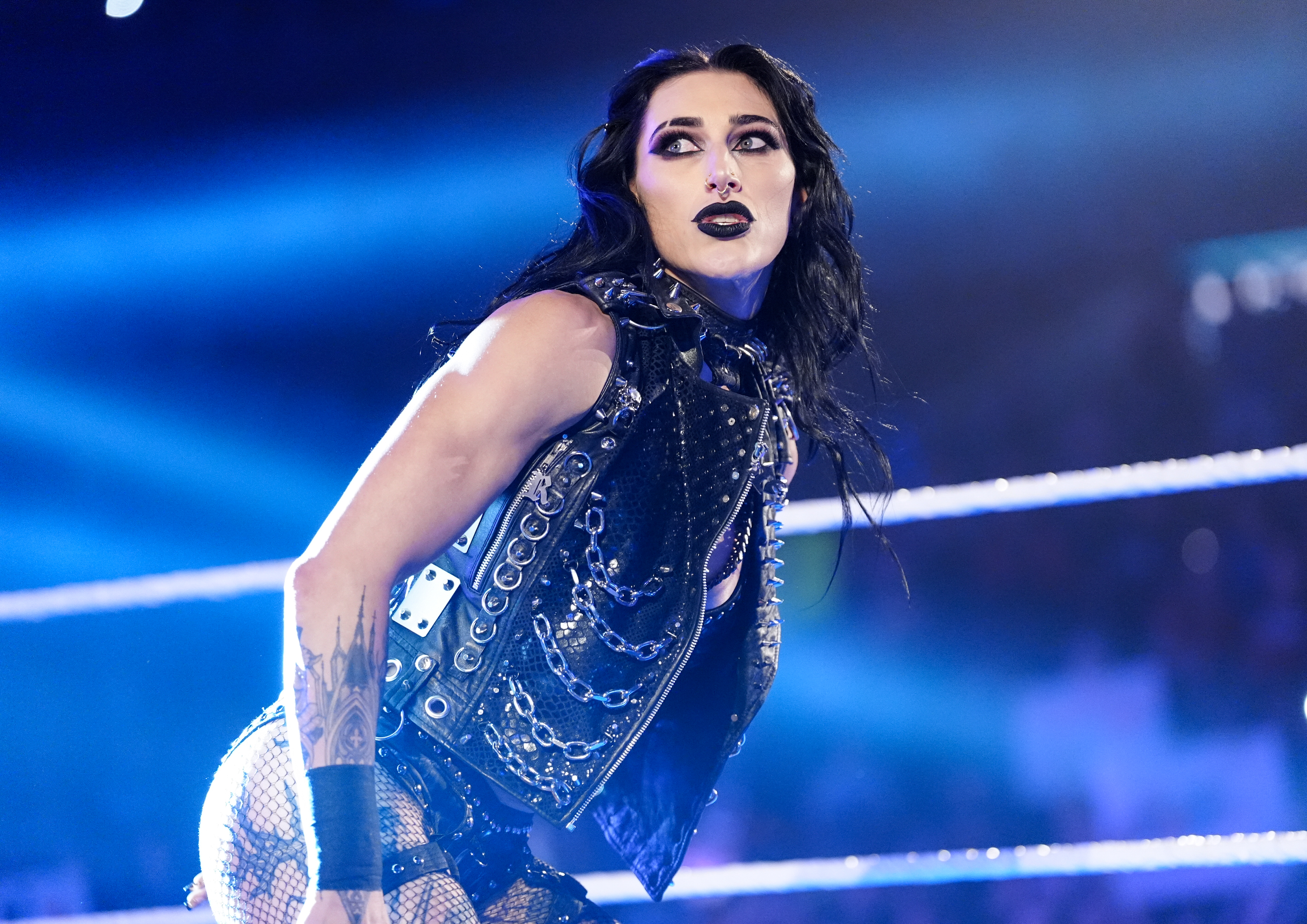 ST LOUIS, MISSOURI - APRIL 3: Rhea Ripley enters the ring during SmackDown at Enterprise Center on April 3, 2026 in St Louis, Missouri.  (Photo by Georgiana Dallas/WWE via Getty Images)