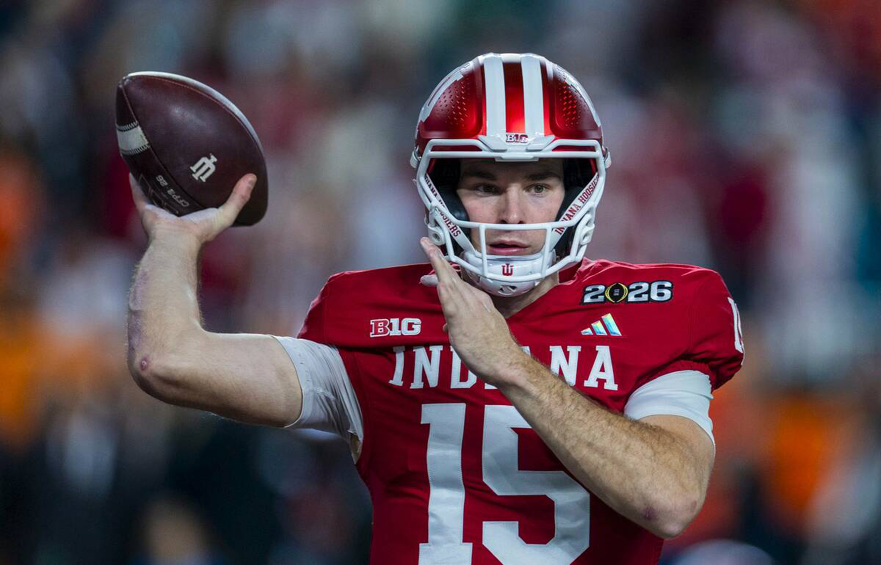Indiana quarterback Fernando Mendoza (15) looks for a receiver against the University of Miami during the first half of the College Football Playoff national championship game at the Hard Rock Stadium on Monday Jan. 19, 2026, in Miami Gardens, Fla. (L.E. Baskow/Las Vegas Review-Journal/Tribune News Service via Getty Images)
