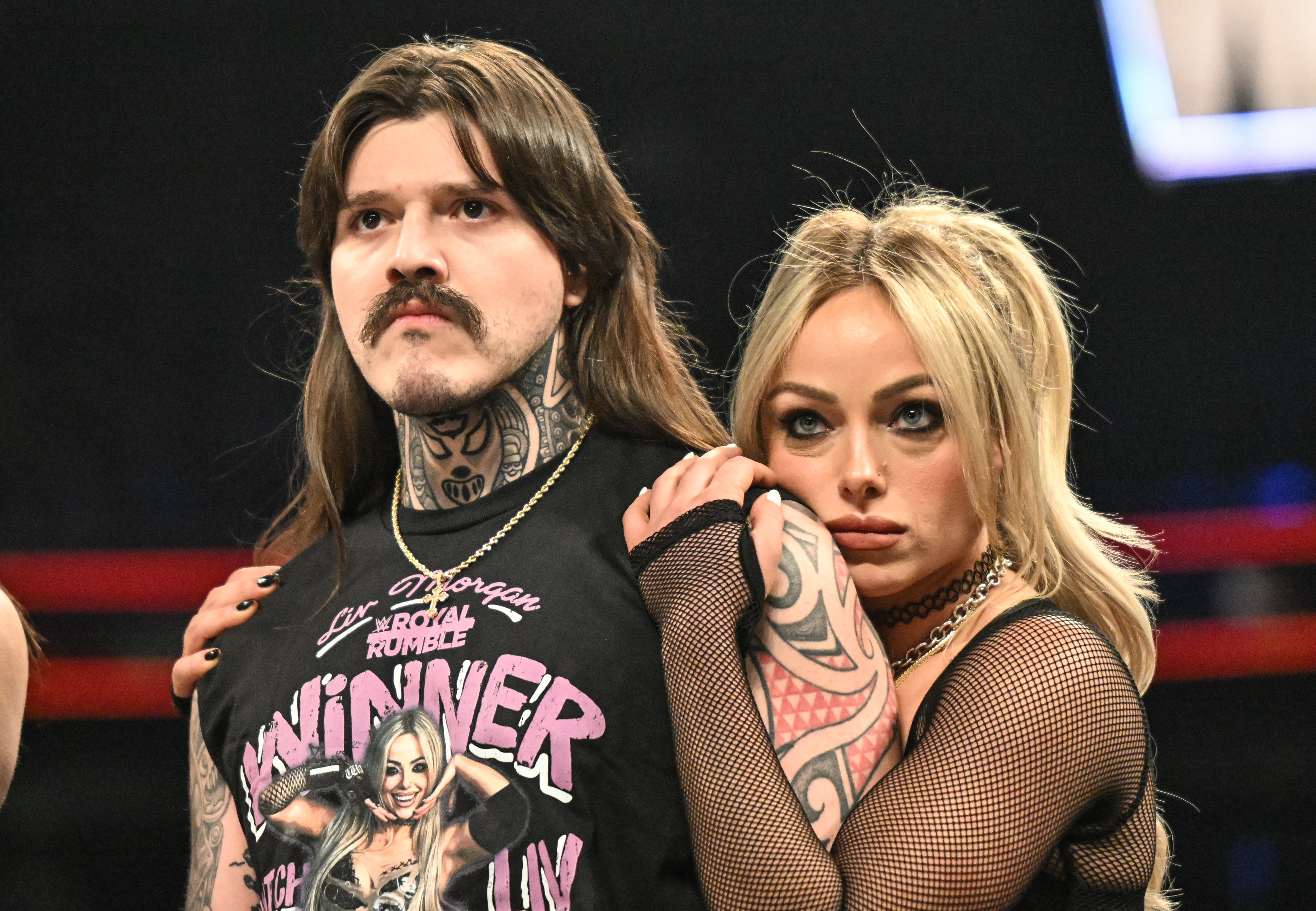 SEATTLE, WASHINGTON - MARCH 9: Dominik Mysterio and Liv Morgan enter the ring during Monday Night RAW at Climate Pledge Arena on March 9, 2026 in Seattle, Washington.  (Photo by Michael Marques/WWE via Getty Images)