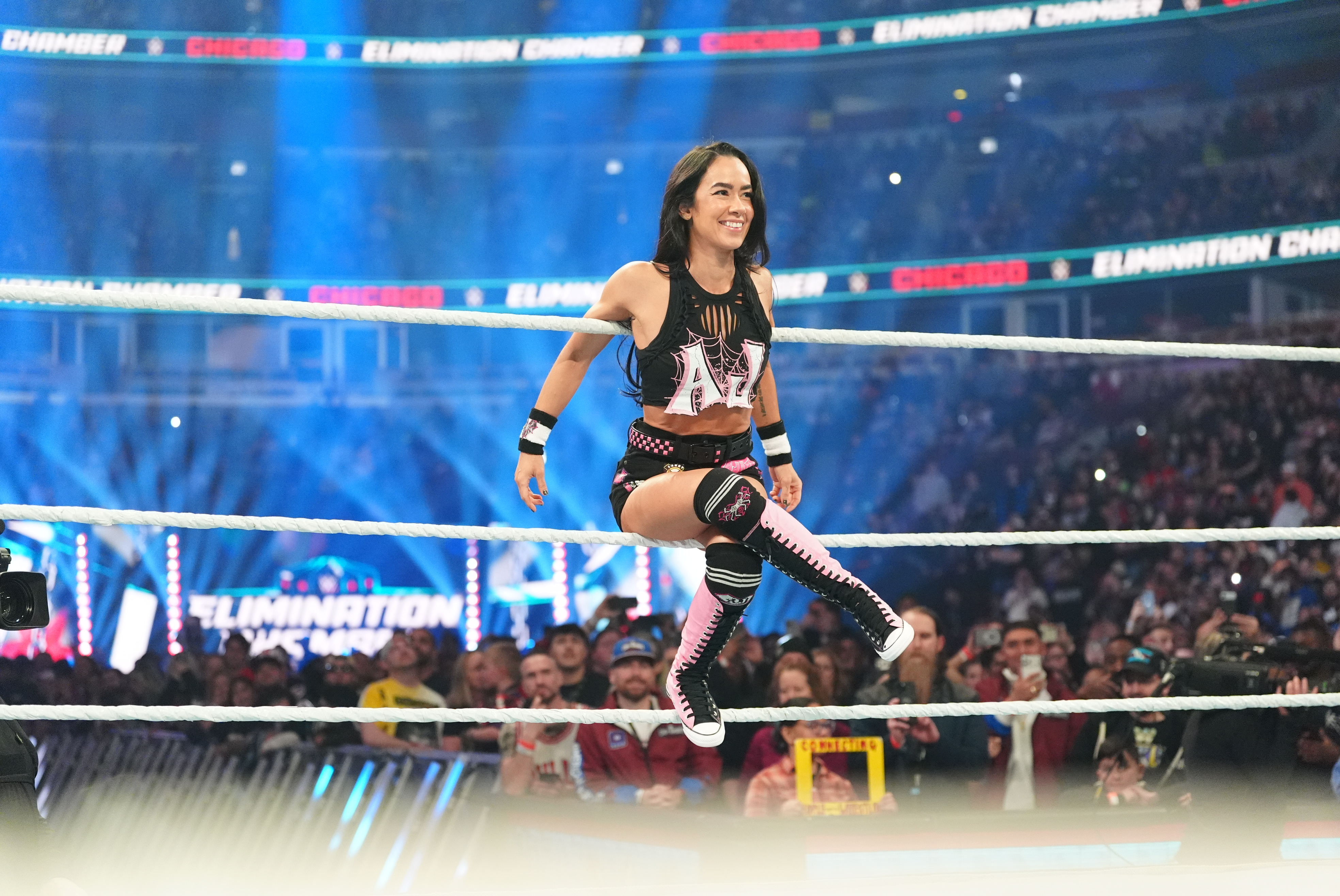 CHICAGO, ILLINOIS - FEBRUARY 28: AJ Lee enters the ring during WWE Elimination Chamber at the United Center on February 28, 2026 in Chicago, Illinois.  (Photo by Georgiana Dallas/WWE via Getty Images)