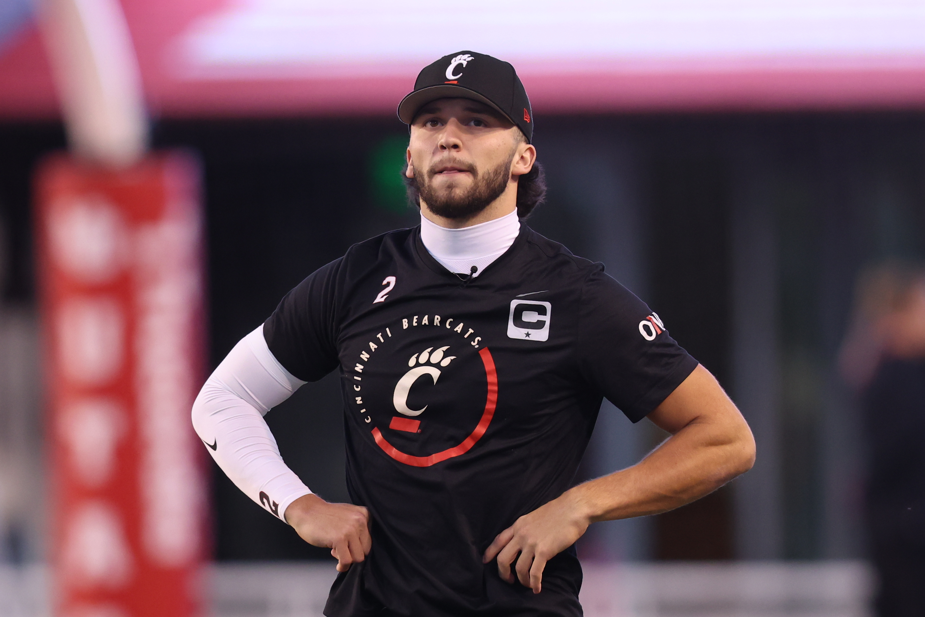 Nov 1, 2025; Salt Lake City, Utah, USA; Cincinnati Bearcats quarterback Brendan Sorsby (2) warms up before the game against the Utah Utes at Rice-Eccles Stadium. Mandatory Credit: Rob Gray-Imagn Images