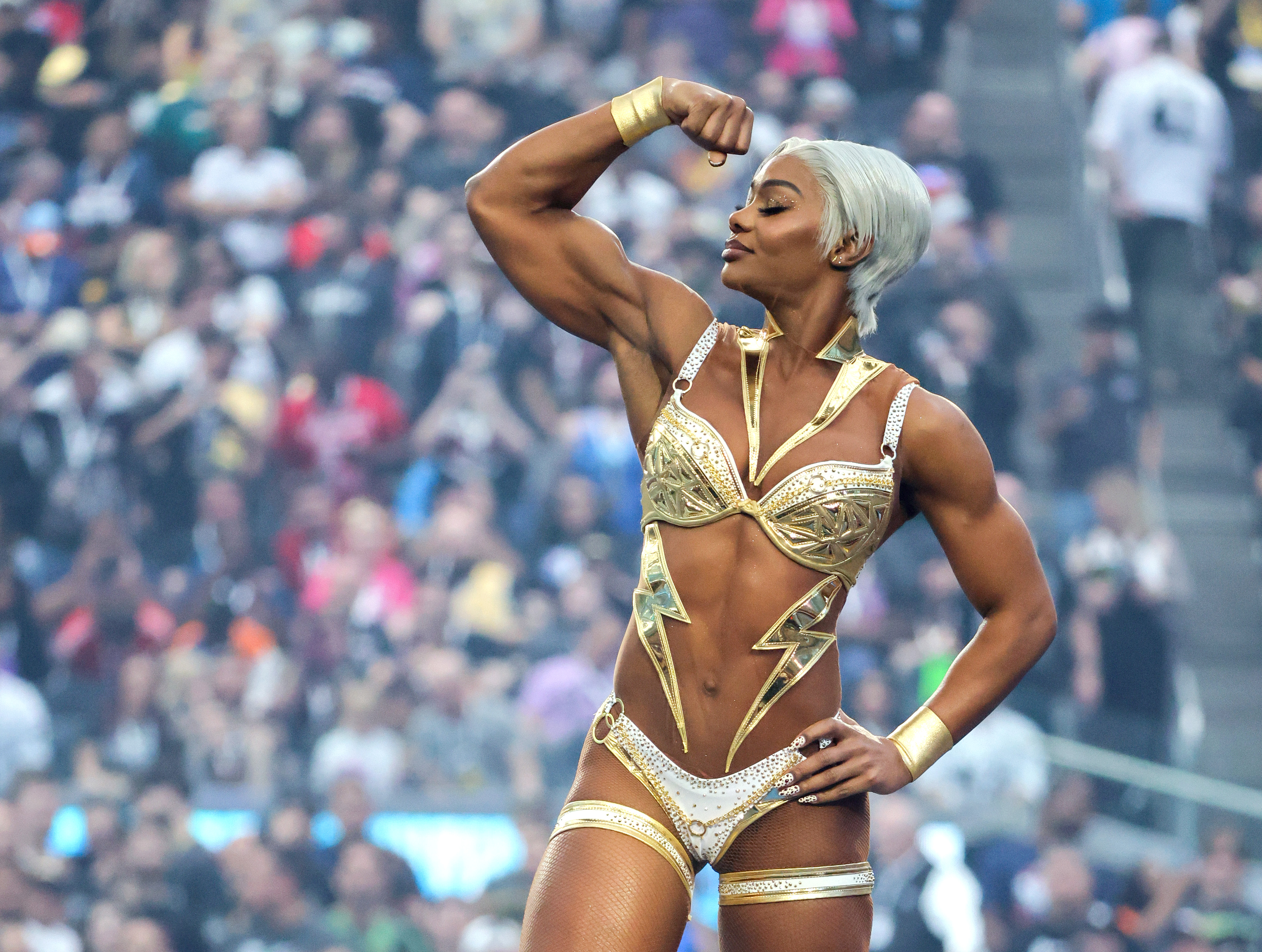 LAS VEGAS, NEVADA - APRIL 19: Jade Cargill poses in the ring as she is introduced before her match against Naomi during WrestleMania 41 at Allegiant Stadium on April 19, 2025 in Las Vegas, Nevada. (Photo by Ethan Miller/Getty Images)
