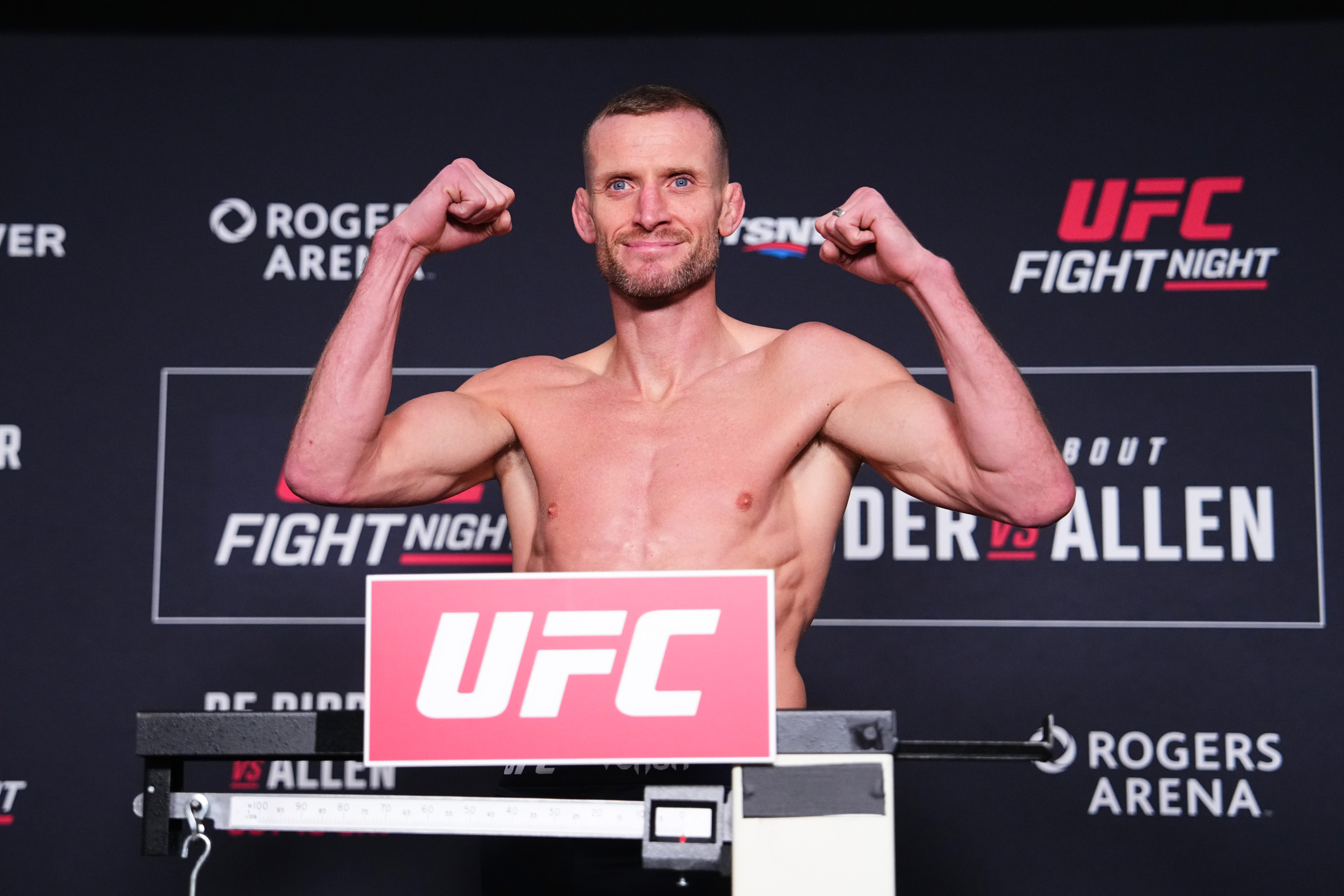 VANCOUVER, BRITISH COLUMBIA - OCTOBER 17:  Davey Grant of England poses on the scale during the UFC Fight Night official weigh-ins at Hyatt Regency Vancouver on October 17, 2025 in Vancouver, British Columbia.  (Photo by Jeff Bottari/Zuffa LLC)