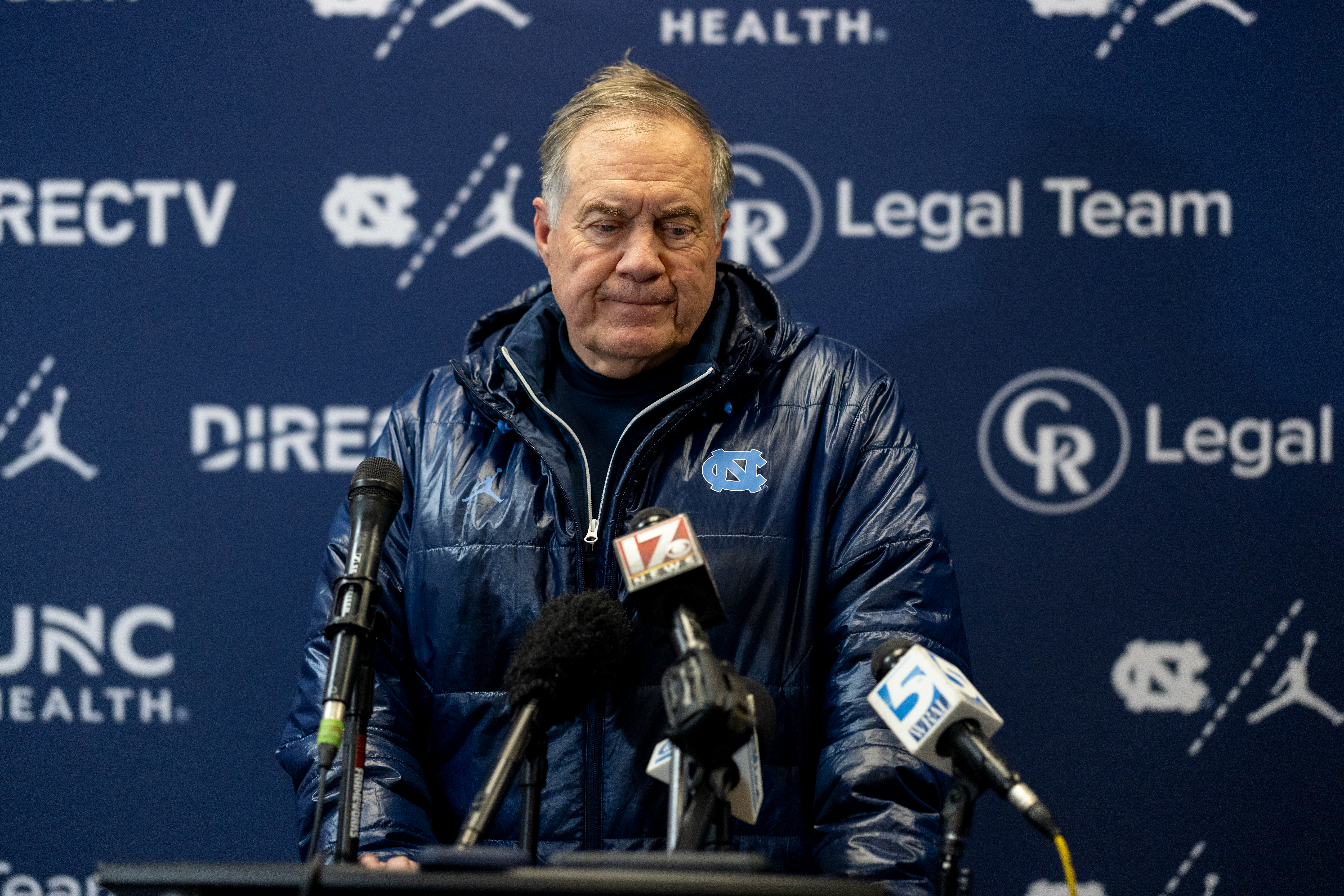 RALEIGH, NORTH CAROLINA - NOVEMBER 29: Head coach Bill Belichick of the North Carolina Tar Heels responds to questions during his press conference following their loss to the NC State Wolfpack at Carter-Finley Stadium on November 29, 2025 in Raleigh, North Carolina. (Photo by Lance King/Getty Images)