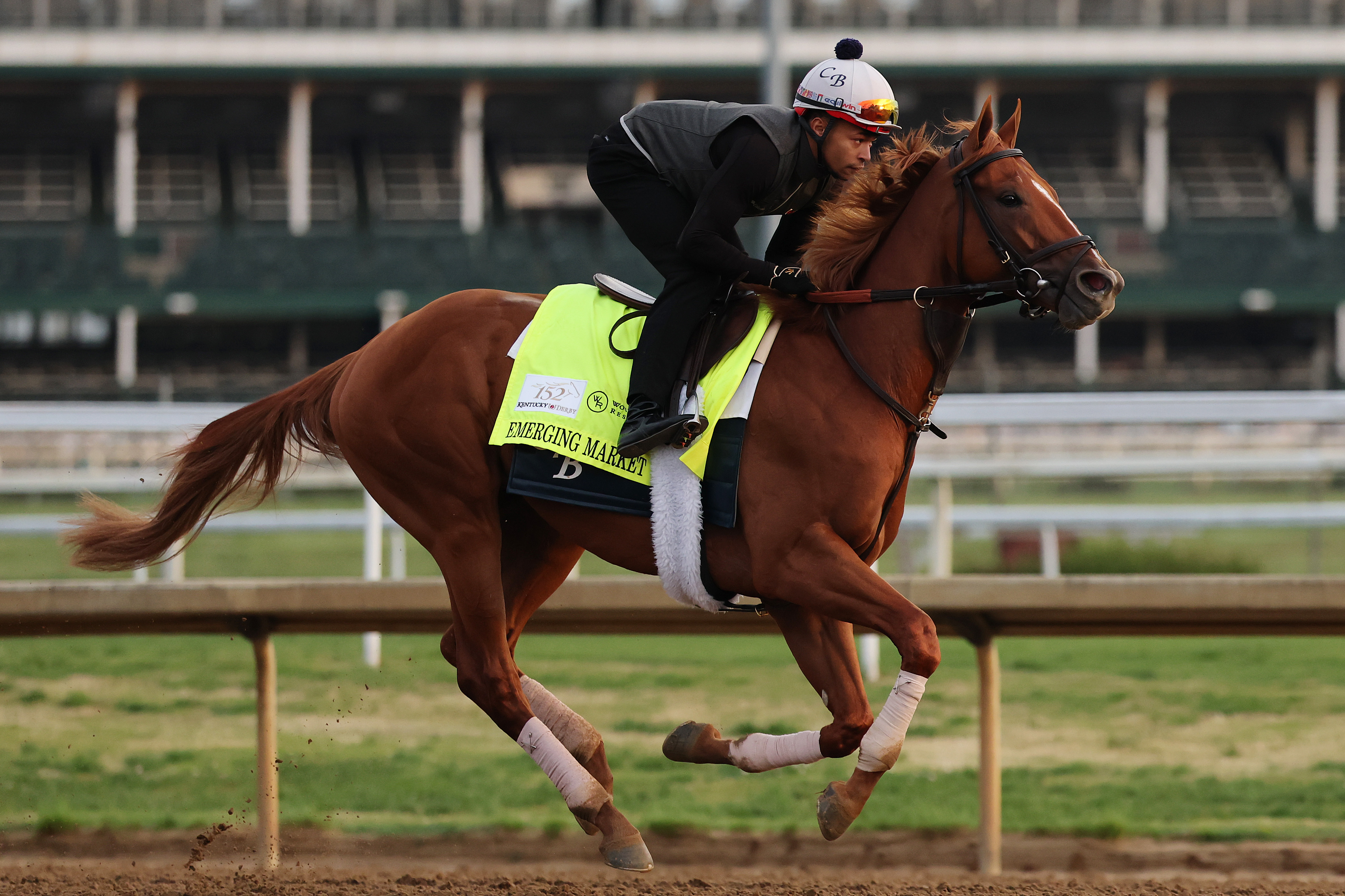 LOUISVILLE, KENTUCKY - APRIL 27: Emerging Market trains on the track during morning workouts ahead of the running of the 152nd Kentucky Derby at Churchill Downs on April 27, 2026 in Louisville, Kentucky. (Photo by Michael Reaves/Getty Images)