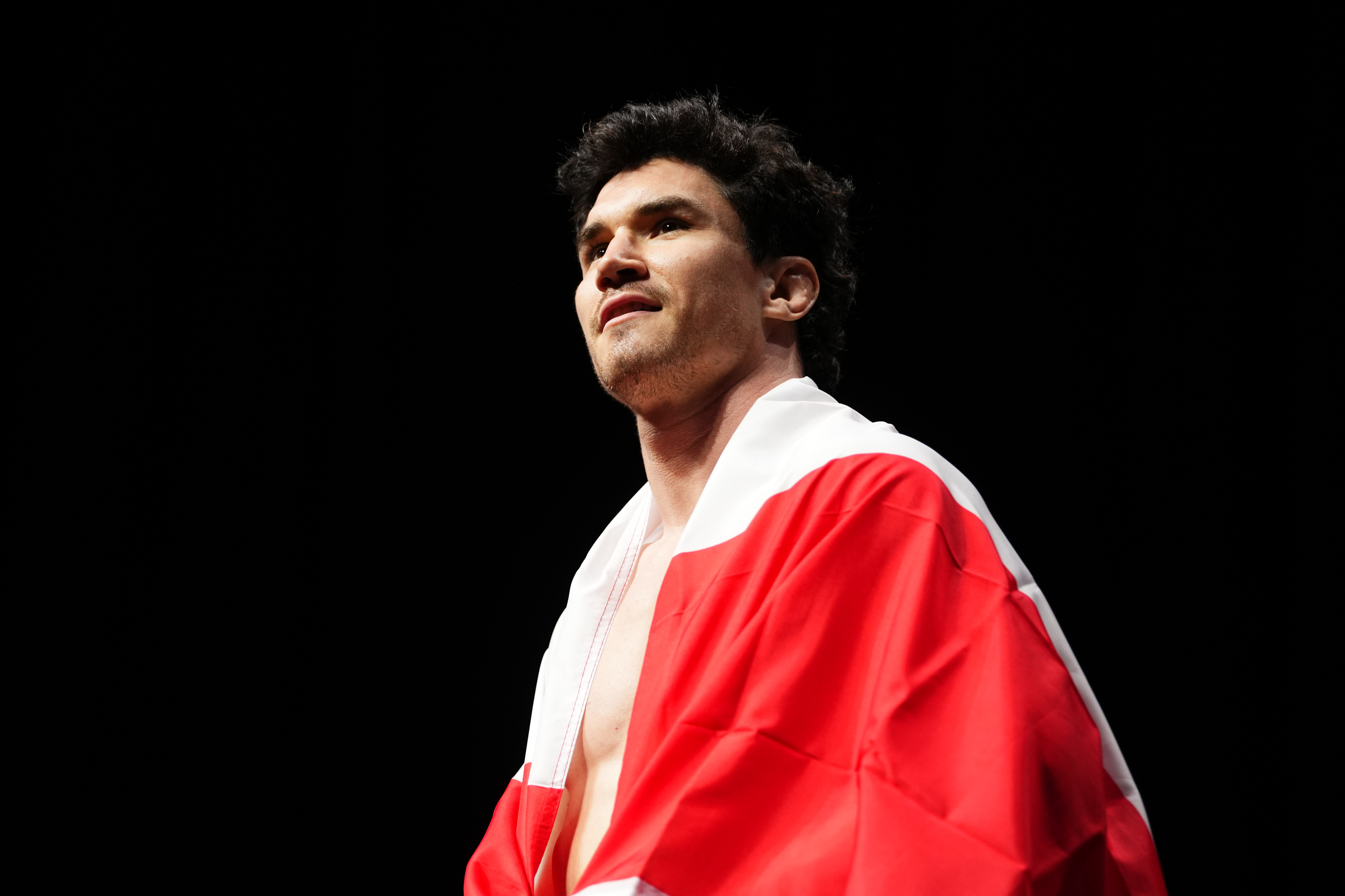 VANCOUVER, BRITISH COLUMBIA - OCTOBER 17:  Mike Malott poses on the scale during the UFC Fight Night ceremonial weigh-ins at Rogers Arena on October 17, 2025 in Vancouver, British Columbia.  (Photo by Cooper Neill/Zuffa LLC)