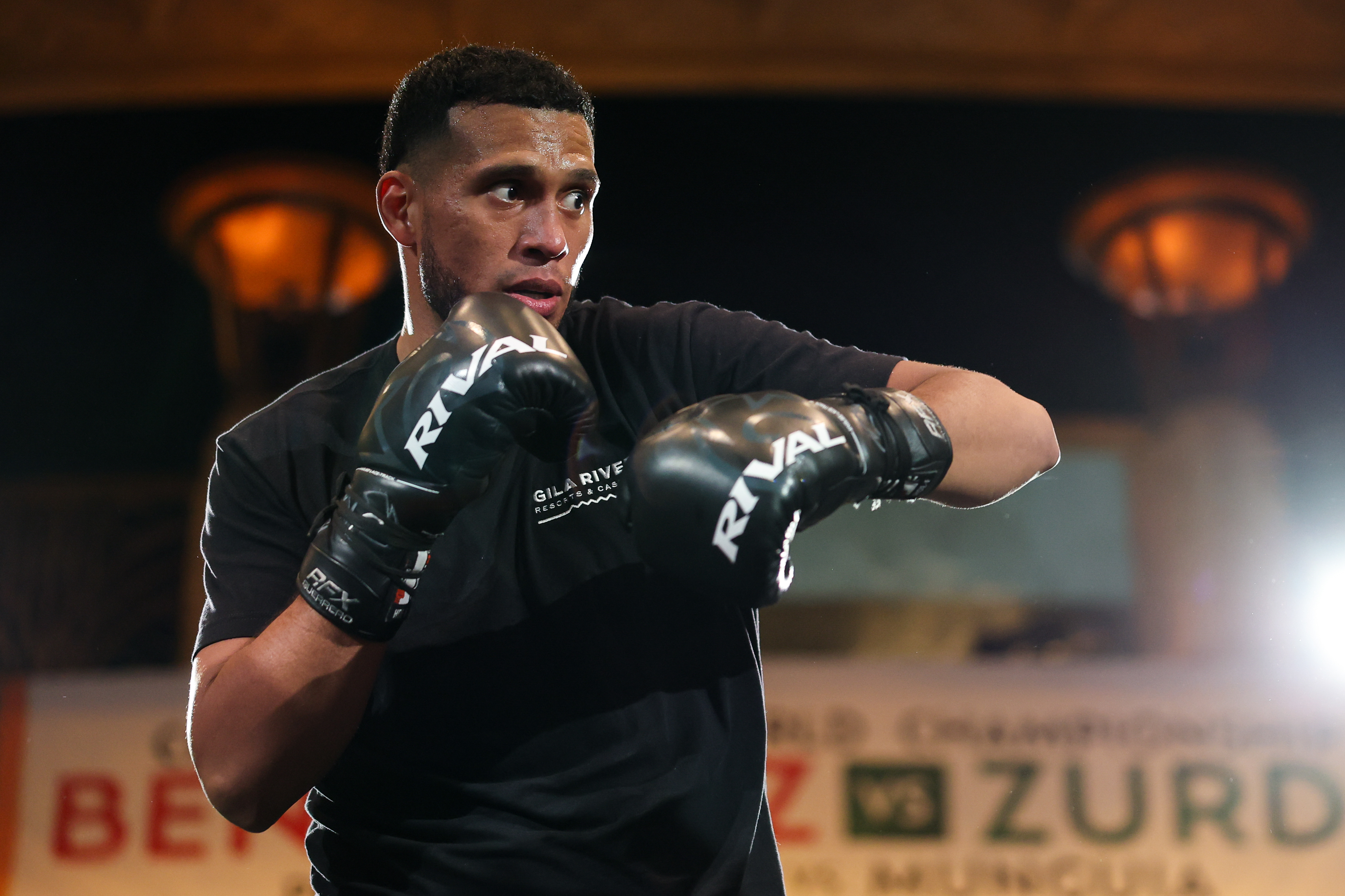 LAS VEGAS, NEVADA - APRIL 29: David Benavidez works out during a media workout at T-Mobile Arena on April 29, 2026 in Las Vegas, Nevada.  (Photo by Cris Esqueda/Golden Boy/Getty Images)