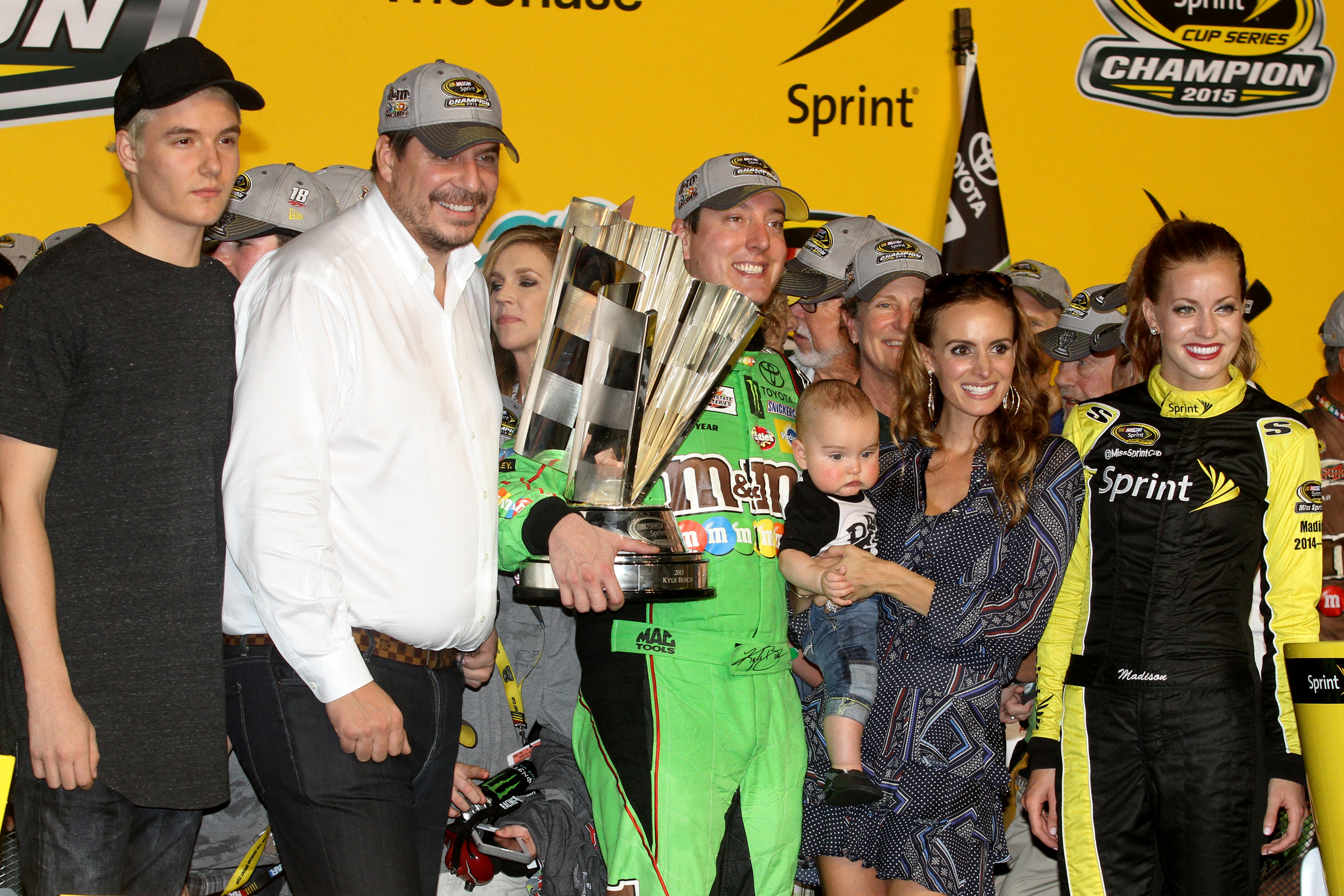 November 22, 2015 : Kyle Busch, driver of the #18 M&M's Crispy Toyota, celebrates winning the NASCAR Sprint Cup Championship and the Ford EcoBoost 400 at Homestead-Miami Speedway in Homestead, FL (Photo by Malcolm Hope/Icon Sportswire) (Photo by Malcolm Hope/Icon Sportswire/Corbis/Icon Sportswire via Getty Images)