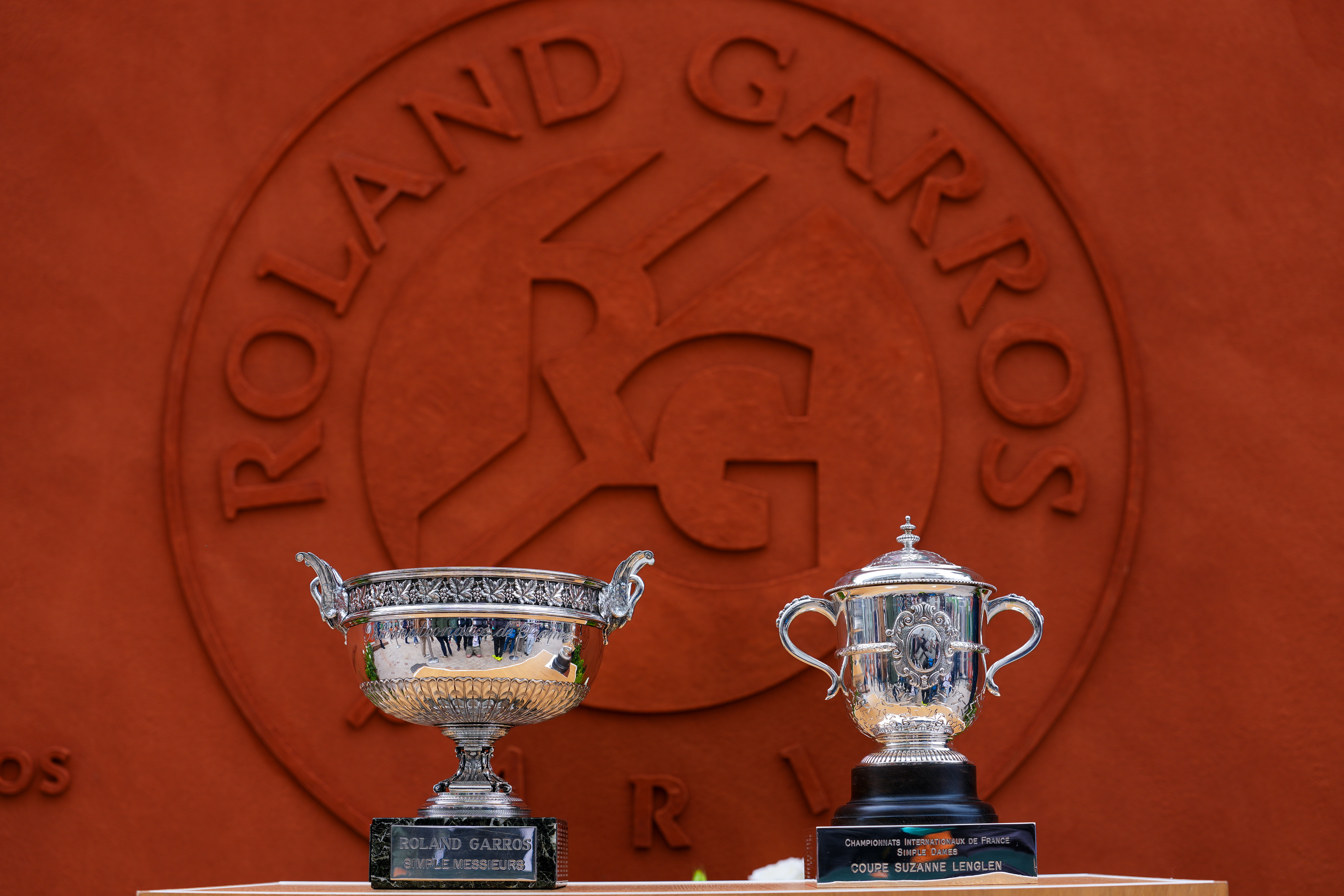 PARIS, FRANCE - MAY 20: Roland Garros trophy and Suzanne Lenglen trophy prior to the 2026 French Open at Roland Garros on May 20, 2026 in Paris, France. (Photo by Franco Arland/Getty Images)