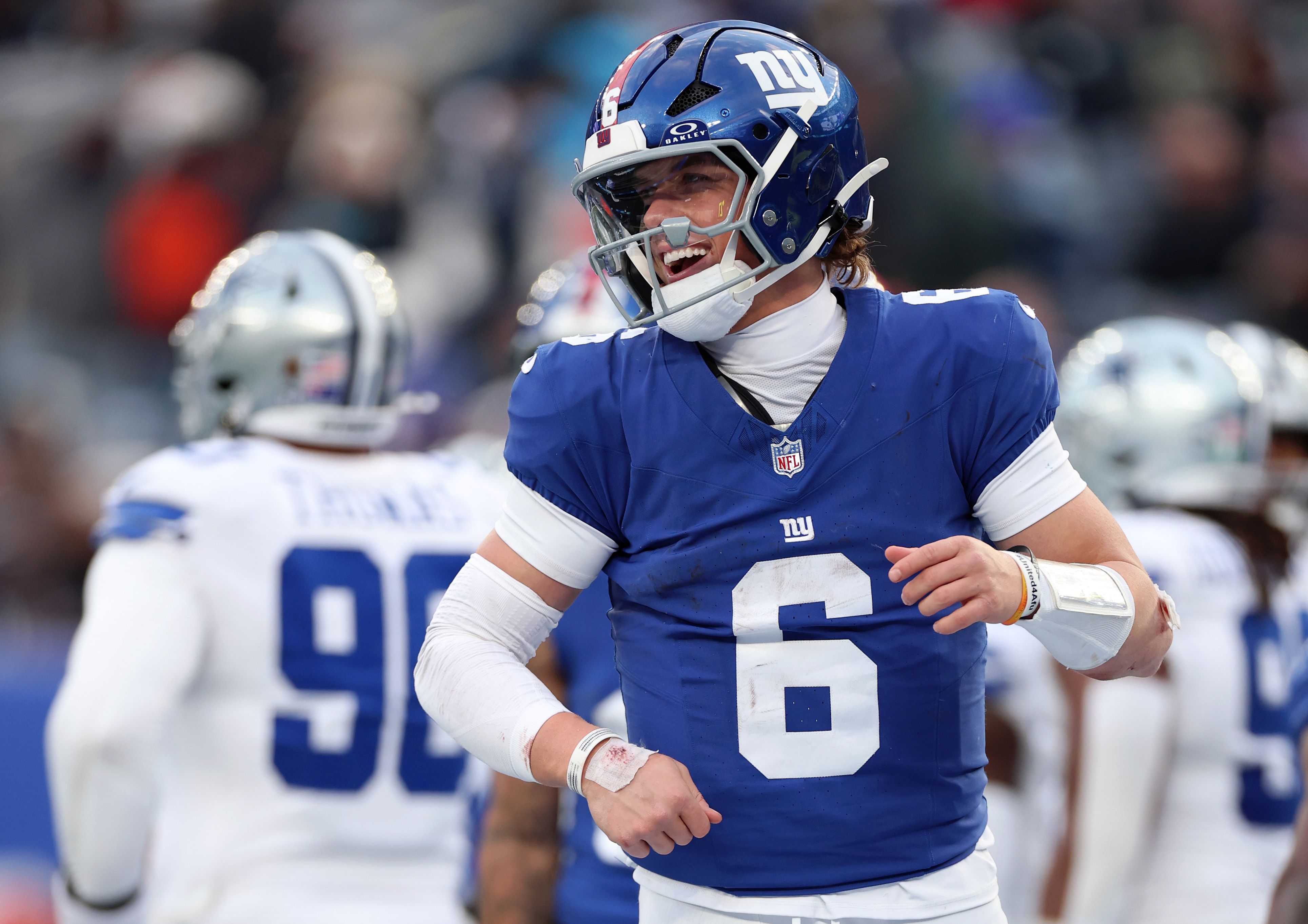 Jaxson Dart of the New York Giants was a first-round pick last year and had an exciting rookie season. (Photo by Al Bello/Getty Images)