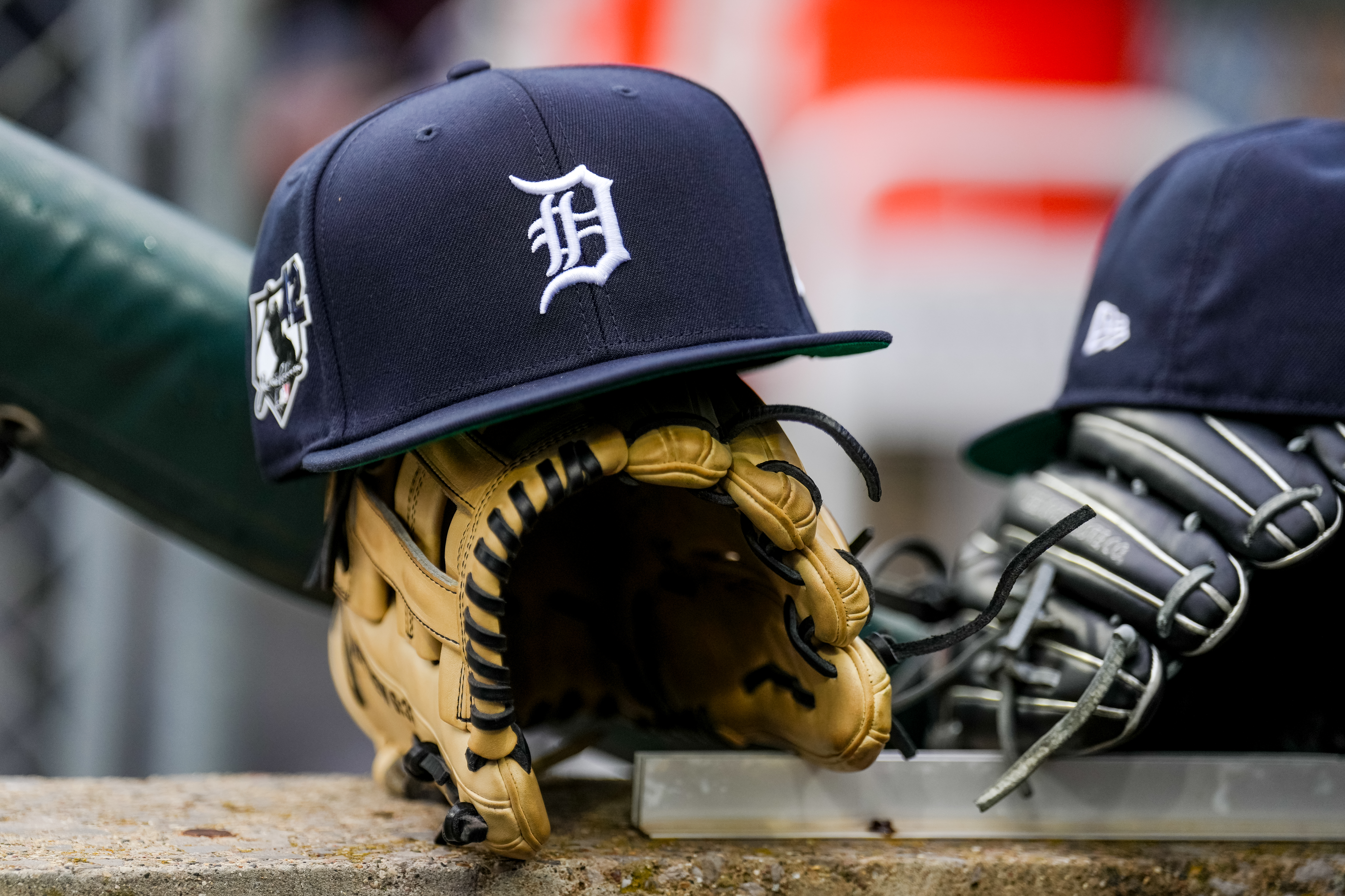 DETROIT, MICHIGAN - APRIL 15: A detail of the Detroit Tigers D logo on a hat during the game against the Kansas City Royals at Comerica Park on April 15, 2026 in Detroit, Michigan. All players are wearing the number 42 in honor of Jackie Robinson Day. (Photo by Nic Antaya/Getty Images)