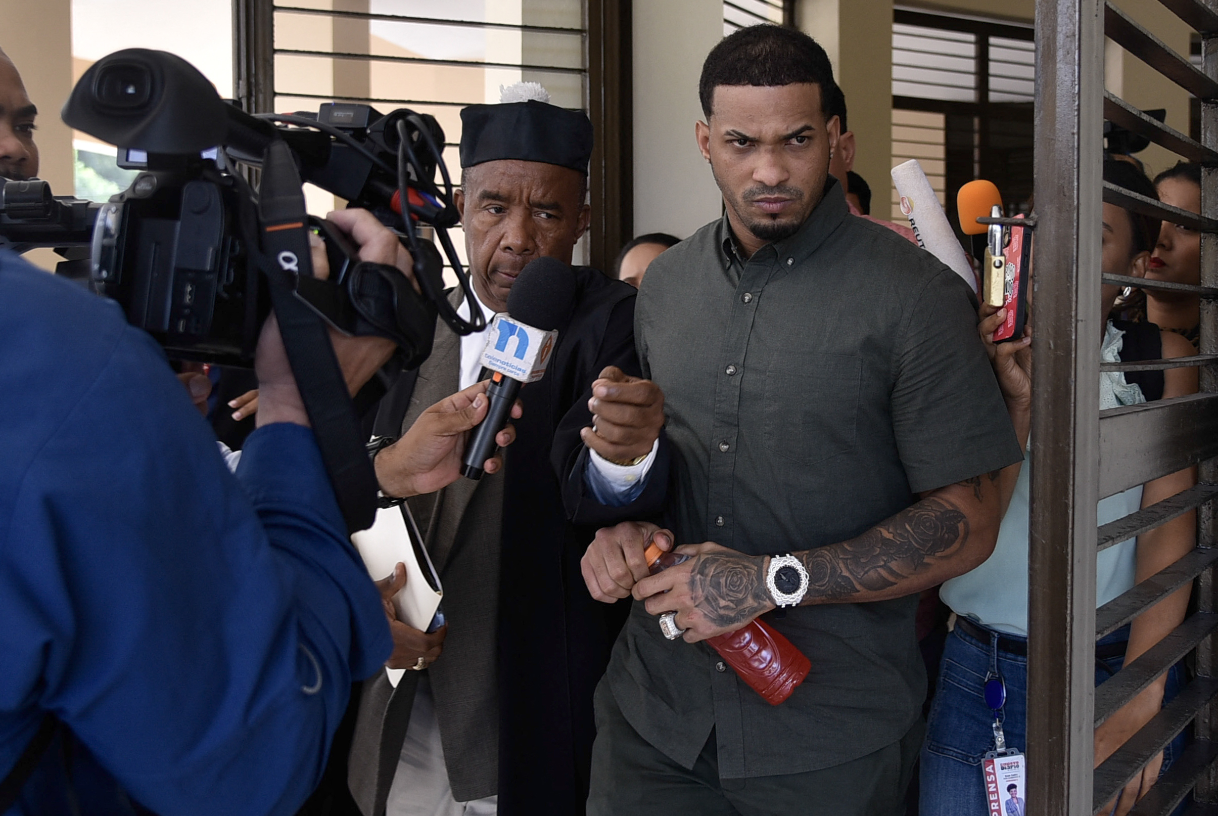 Dominican baseball star Wander Franco gestures while leaving court in Puerto Plata, Dominican Republic on June 26, 2025. Franco was given a two-year suspended sentence after being found guilty of sexually abusing a teenage girl. (Photo by Luis Tavarez / AFP) (Photo by LUIS TAVAREZ/AFP via Getty Images)
