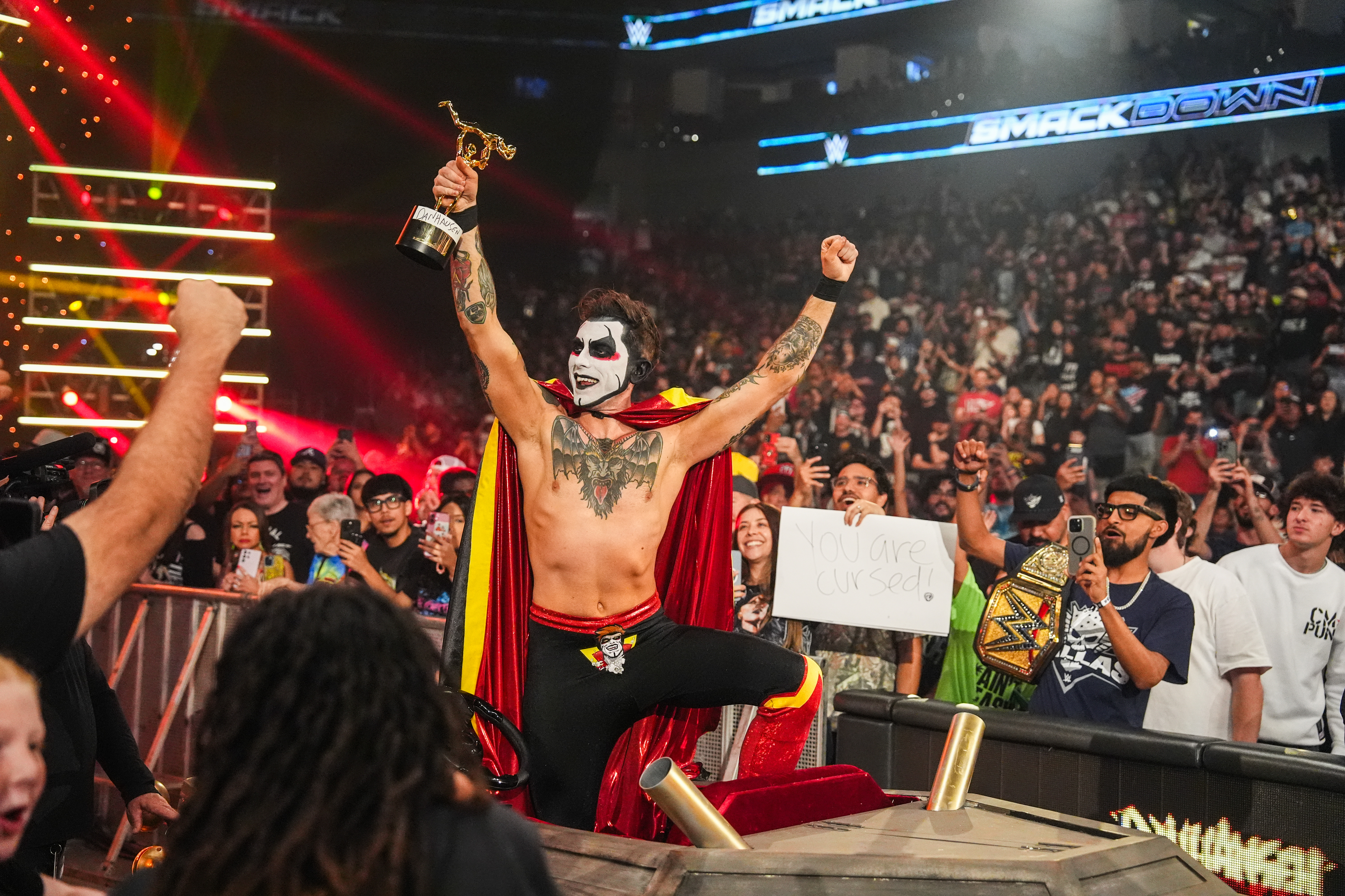 FORT WORTH, TEXAS - APRIL 24: Danhausen makes his entrance during SmackDown at Dickies Arena on April 24, 2026 in Fort Worth, Texas. (Photo by Rich Wade/WWE via Getty Images)