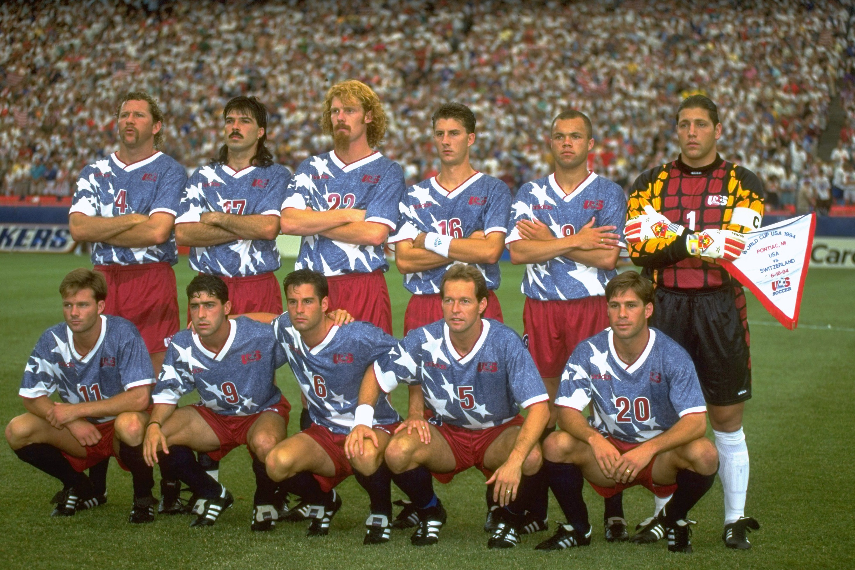 Portrait of Team USA posing for group photo before Group Stage A match vs Switzerland at Pontiac Silverdome. (L-R Top) Cle Kooiman (4), Marcelo Balboa (17), Alexi Lalas (22), Mike Sorber (16), Earnie Stewart (8), and goalie Tony Meola (1). (L-R Bottom) Eric Wynalda (11), Tab Ramos (9), John Harkes (6), Thomas Dooley (5), and Paul Caligiuri (20). Pontiac, MI 6/18/1994 (Photo by George Tiedemann /Sports Illustrated via Getty Images)