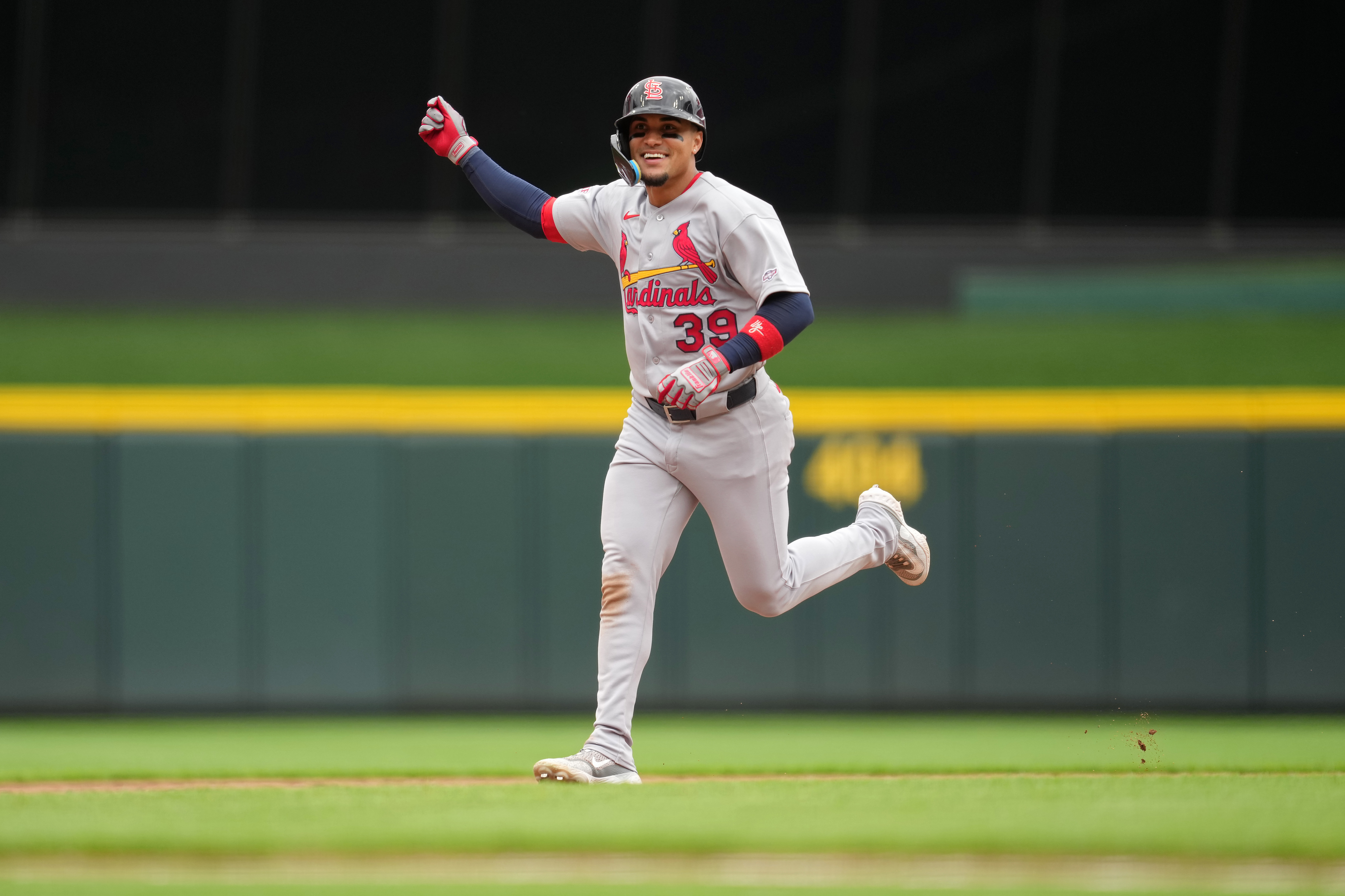 CINCINNATI, OHIO - MAY 23: Bryan Torres #39 of the St. Louis Cardinals reacts as he rounds the bases after hitting a two-run home run during the ninth inning of game one of a doubleheader against Cincinnati Reds at Great American Ball Park on May 23, 2026 in Cincinnati, Ohio. This was Torres' first career home run on his MLB debut. (Photo by Jeff Dean/Getty Images)