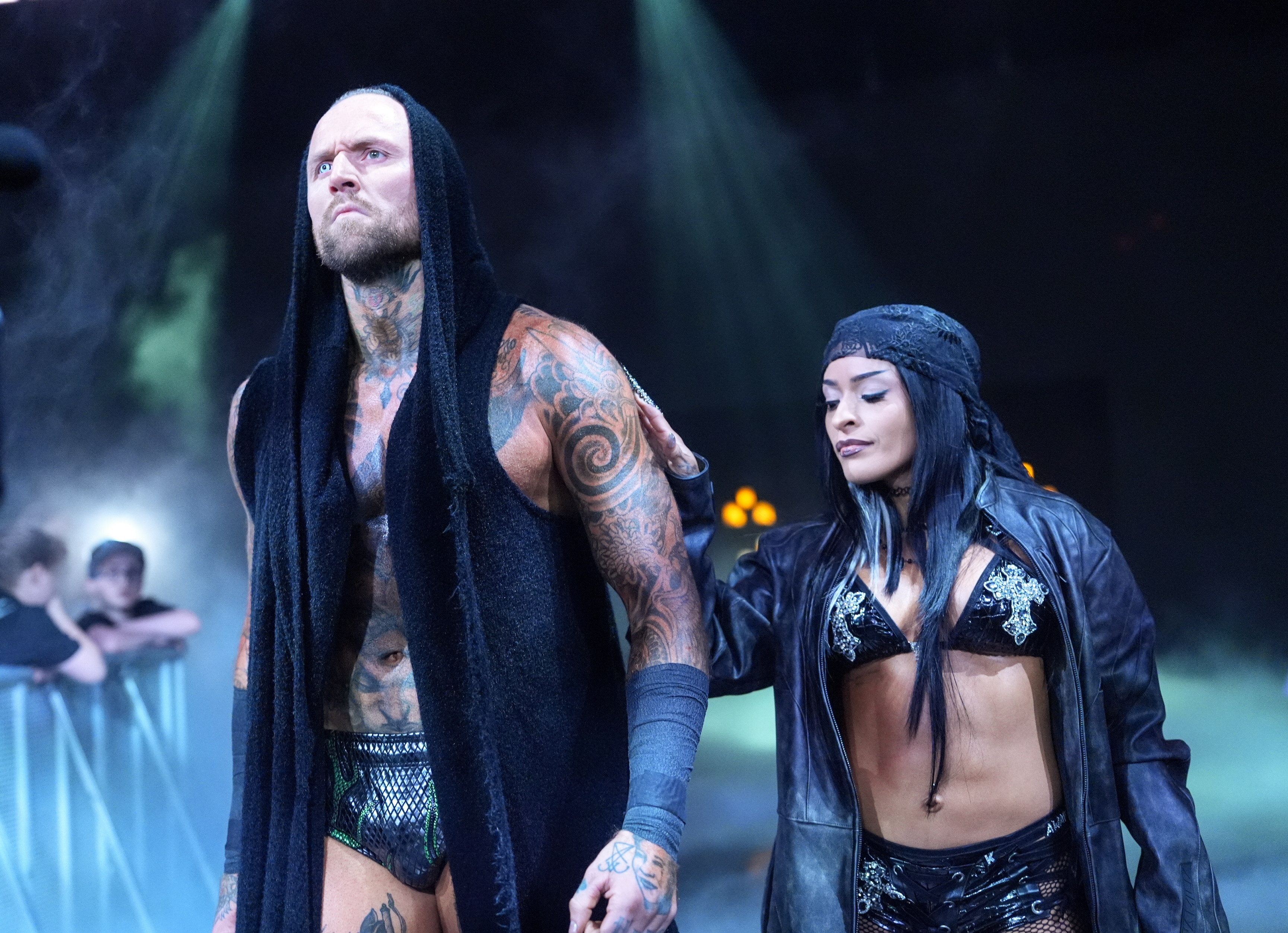 ST LOUIS, MISSOURI - APRIL 3: Aleister Black with Zelina Vega, make their way to the ring during SmackDown at Enterprise Center on April 3, 2026 in St Louis, Missouri.  (Photo by Craig Melvin/WWE via Getty Images)