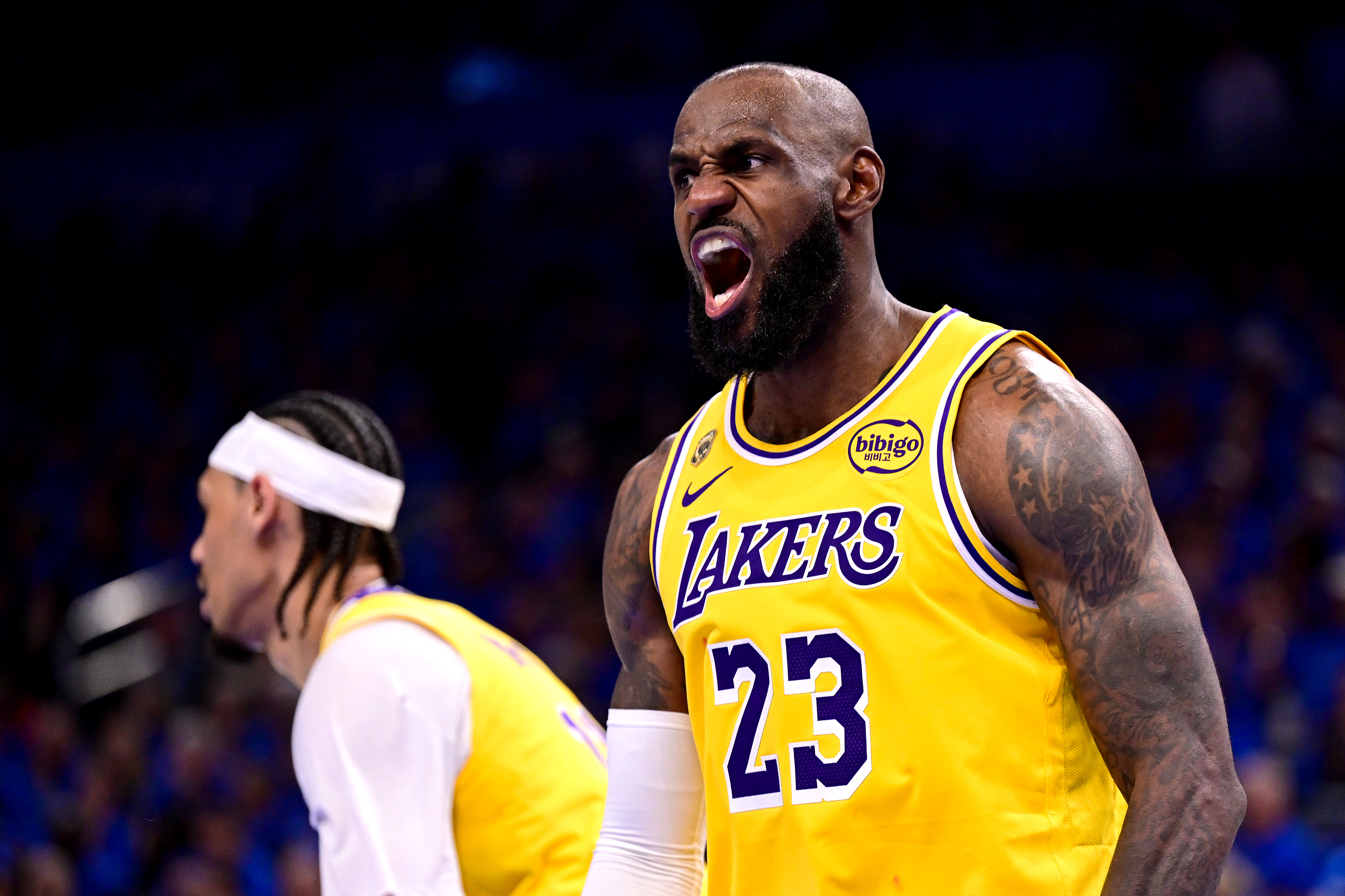 OKLAHOMA CITY, OKLAHOMA - MAY 05: LeBron James #23 of the Los Angeles Lakers reacts during the third quarter of a game against the Oklahoma City Thunder in Game One of the Second Round of the NBA Western Conference Playoffs at Paycom Center on May 05, 2026 in Oklahoma City, Oklahoma. NOTE TO USER: User expressly acknowledges and agrees that, by downloading and or using this photograph, User is consenting to the terms and conditions of the Getty Images License Agreement. (Photo by Joshua Gateley/Getty Images)
