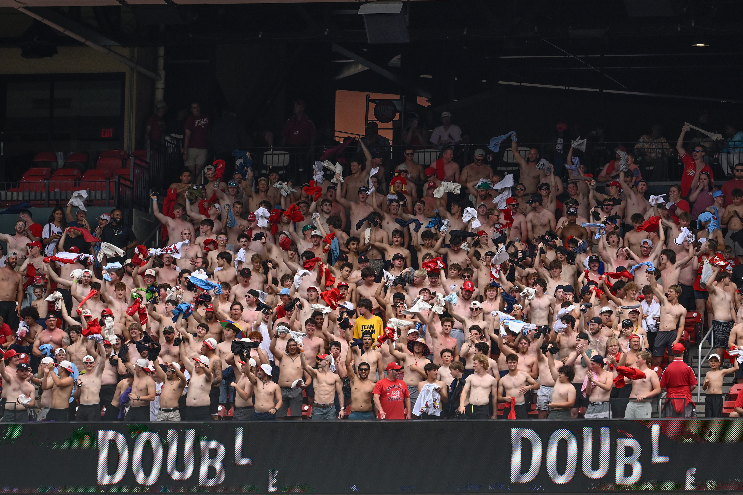 ST LOUIS, MISSOURI - MAY 16: Shirtless fans cheer during the game between the Kansas City Royals and the St. Louis Cardinals in the fifth inning at Busch Stadium on May 16, 2026 in St Louis, Missouri. (Photo by Joe Puetz/Getty Images)