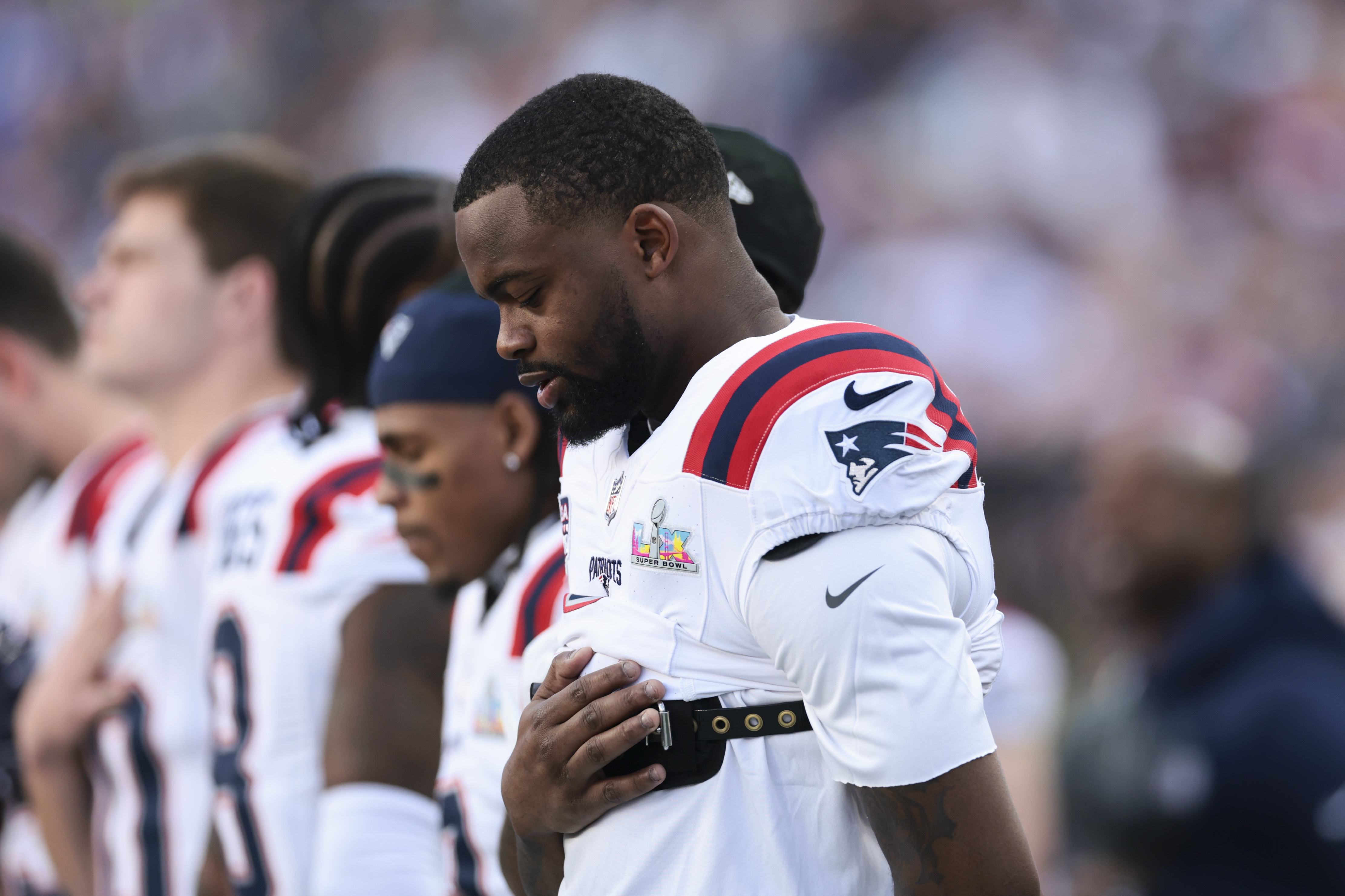 SANTA CLARA, CALIFORNIA - FEBRUARY 08: Kayshon Boutte #9 of the New England Patriots prepares during the National Anthem prior to Super Bowl LX gainst the Seattle Seahawks at Levi's Stadium on February 08, 2026 in Santa Clara, California. (Photo by Kathryn Riley/Getty Images)