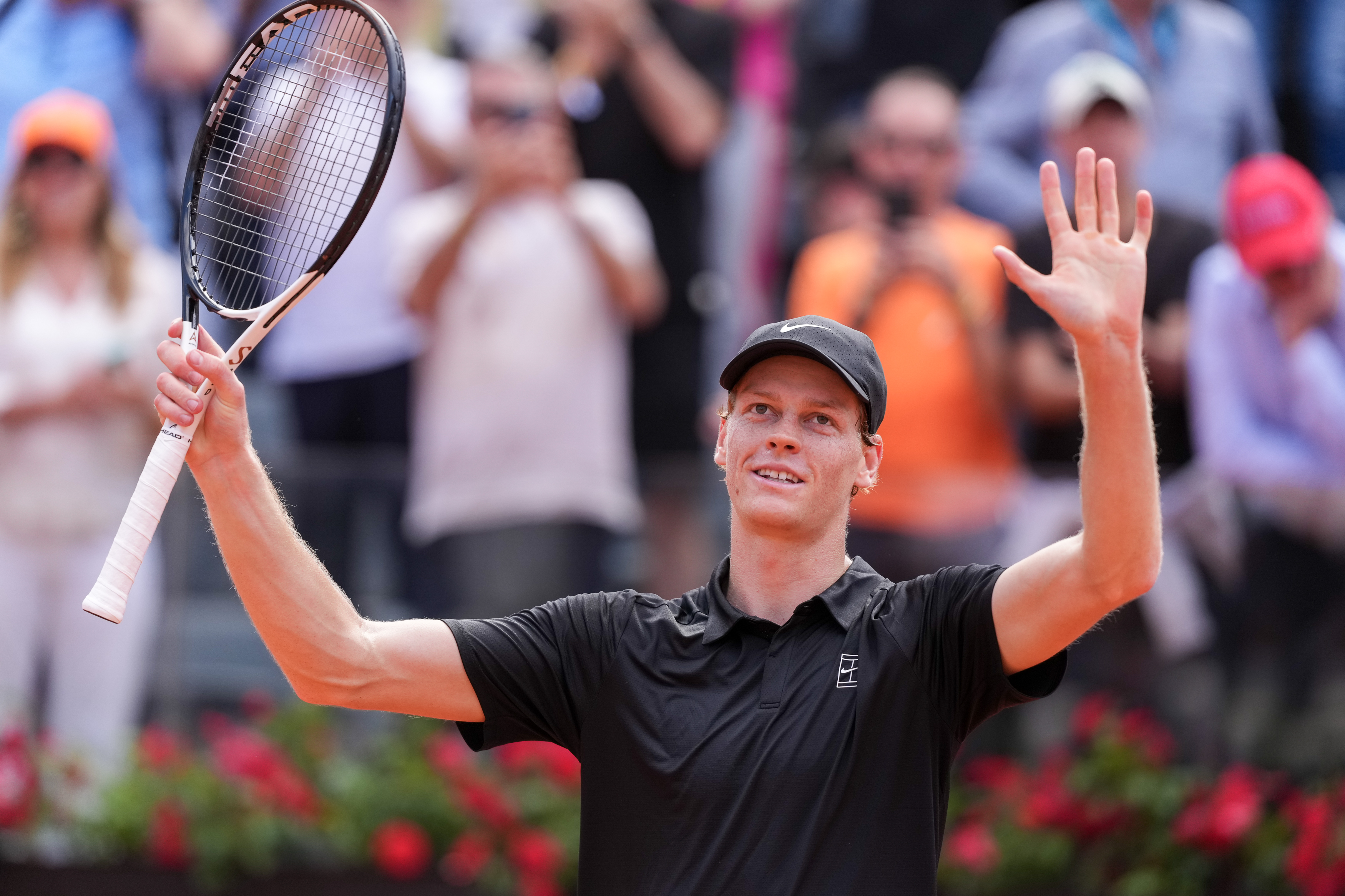 FORO ITALICO, ROME, ITALY - 2026/05/12: Jannik Sinner of Italy celebrates at the end of his match against Andrea Pellegrino of Italy at the Internazionali BNL d'Italia 2026 tennis tournament. Jannik Sinner won 6-2, 6-3. (Photo by Antonietta Baldassarre/Insidefoto/LightRocket via Getty Images)