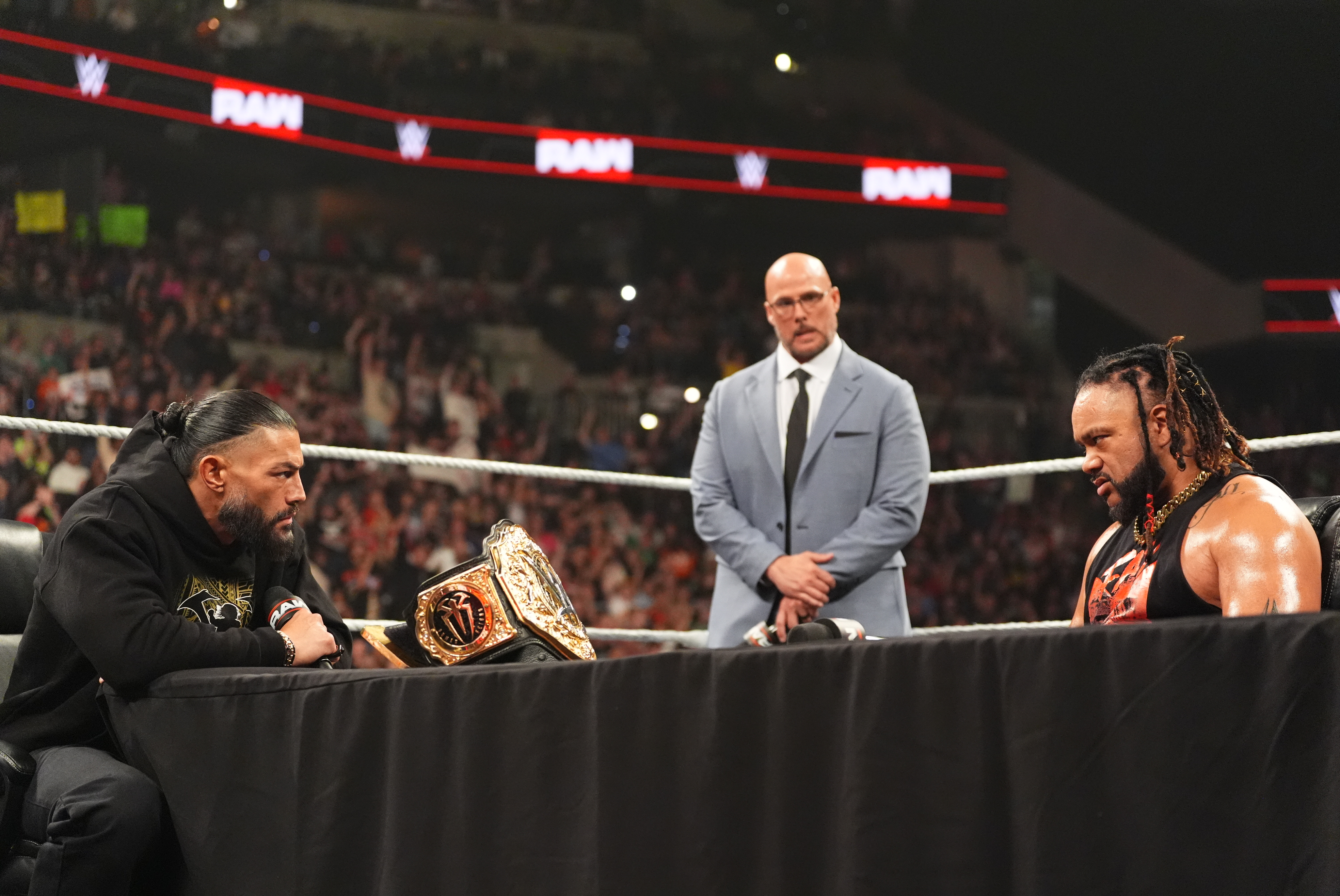 OMAHA, NEBRASKA - MAY 4: World Heavyweight Champion Roman Reigns and Jacob Fatu in ring during Monday Night RAW at the CHI Health Center on May 4, 2026 in Omaha, Nebraska. (Photo by Georgiana Dallas/WWE via Getty Images)