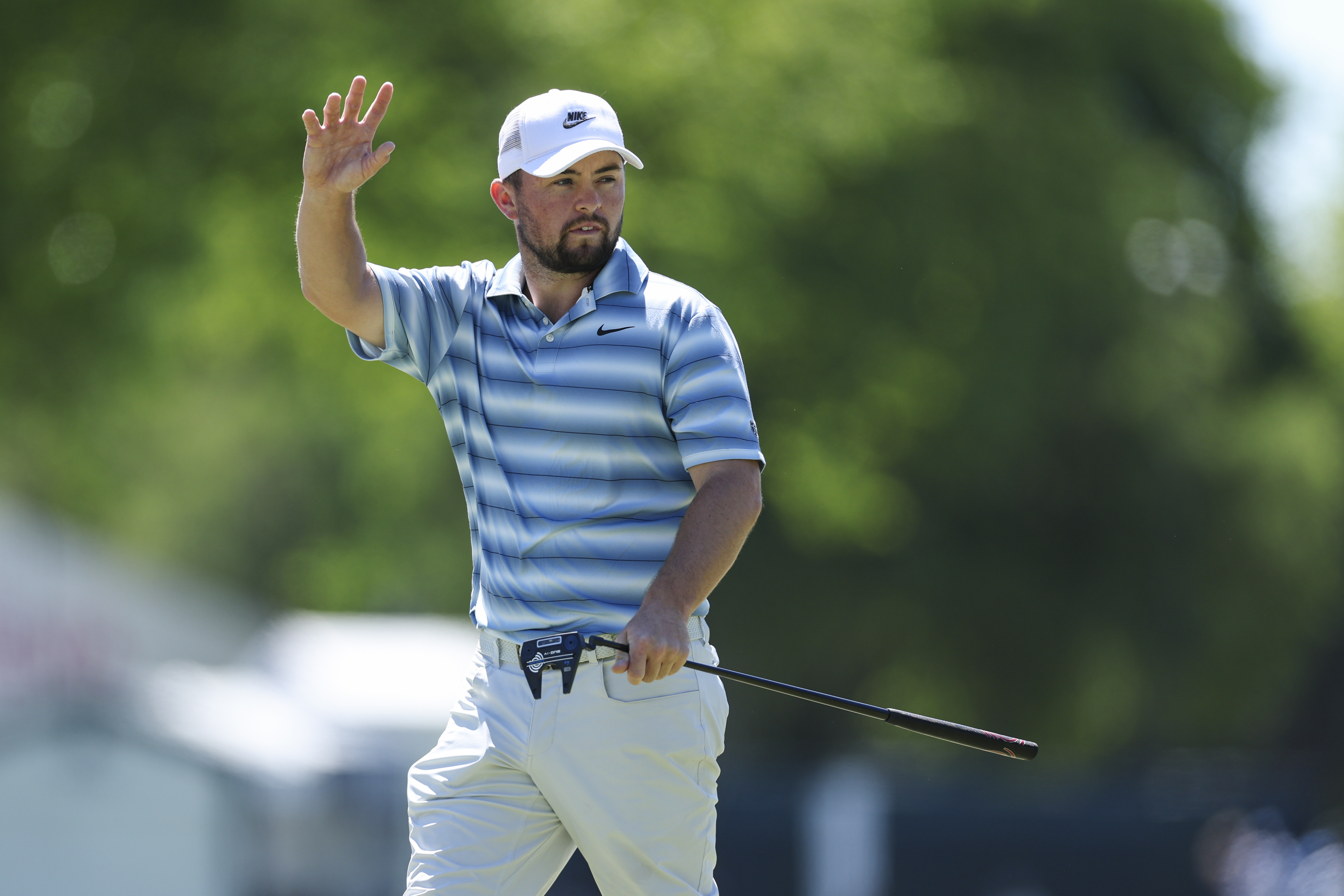 NEWTOWN SQUARE, PA - MAY 12: Alex Fitzpatrick waves to the fans during the PGA Championship Practice Round at Aronimink Golf Club on Tuesday, May 12, 2026 in Newtown Square, Pennsylvania. (Photo by Maddie Meyer/PGA of America via Getty Images)