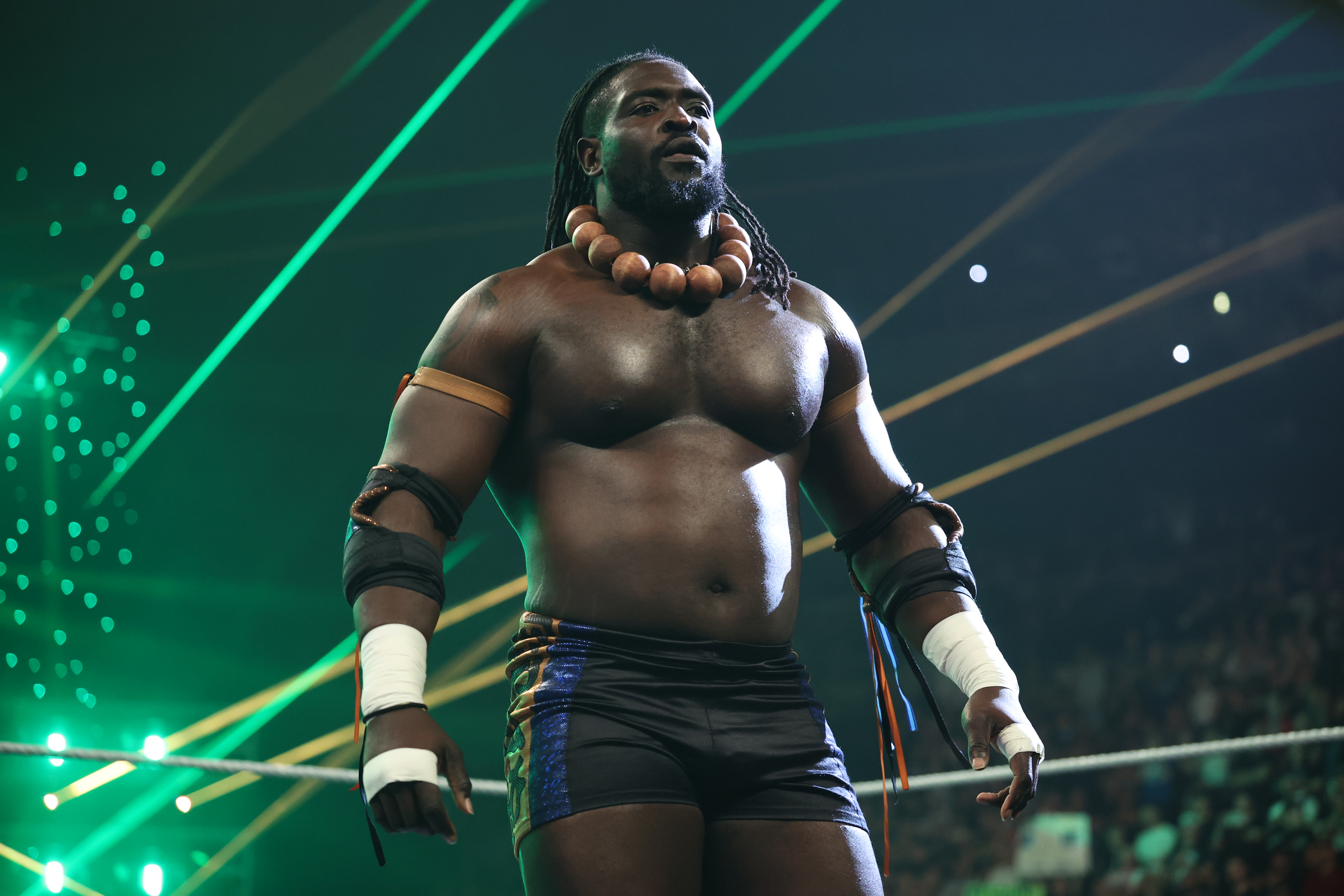 OMAHA, NEBRASKA - MAY 4: Oba Femi makes his entrance during Monday Night RAW at the CHI Health Center on May 4, 2026 in Omaha, Nebraska. (Photo by Melina Pizano/WWE via Getty Images)