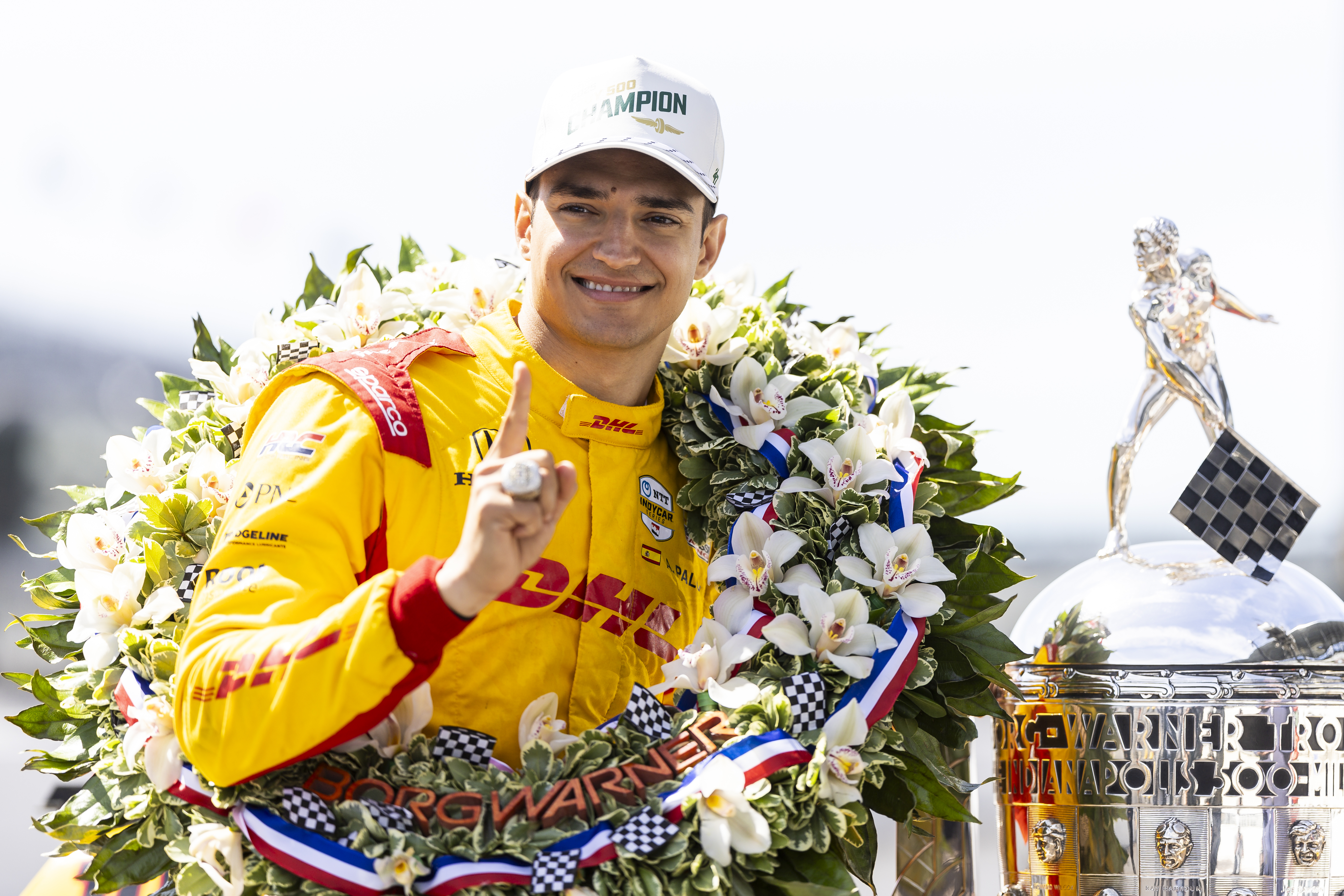 INDIANAPOLIS, INDIANA - MAY 26: Alex Palou, driver of the #10 DHL Chip Ganassi Racing Honda, poses for a photo during the winner's photo shoot for the NTT IndyCar Series 109th Running Of The Indianapolis 500 at Indianapolis Motor Speedway on May 26, 2025 in Indianapolis, Indiana. (Photo by James Gilbert/Getty Images)