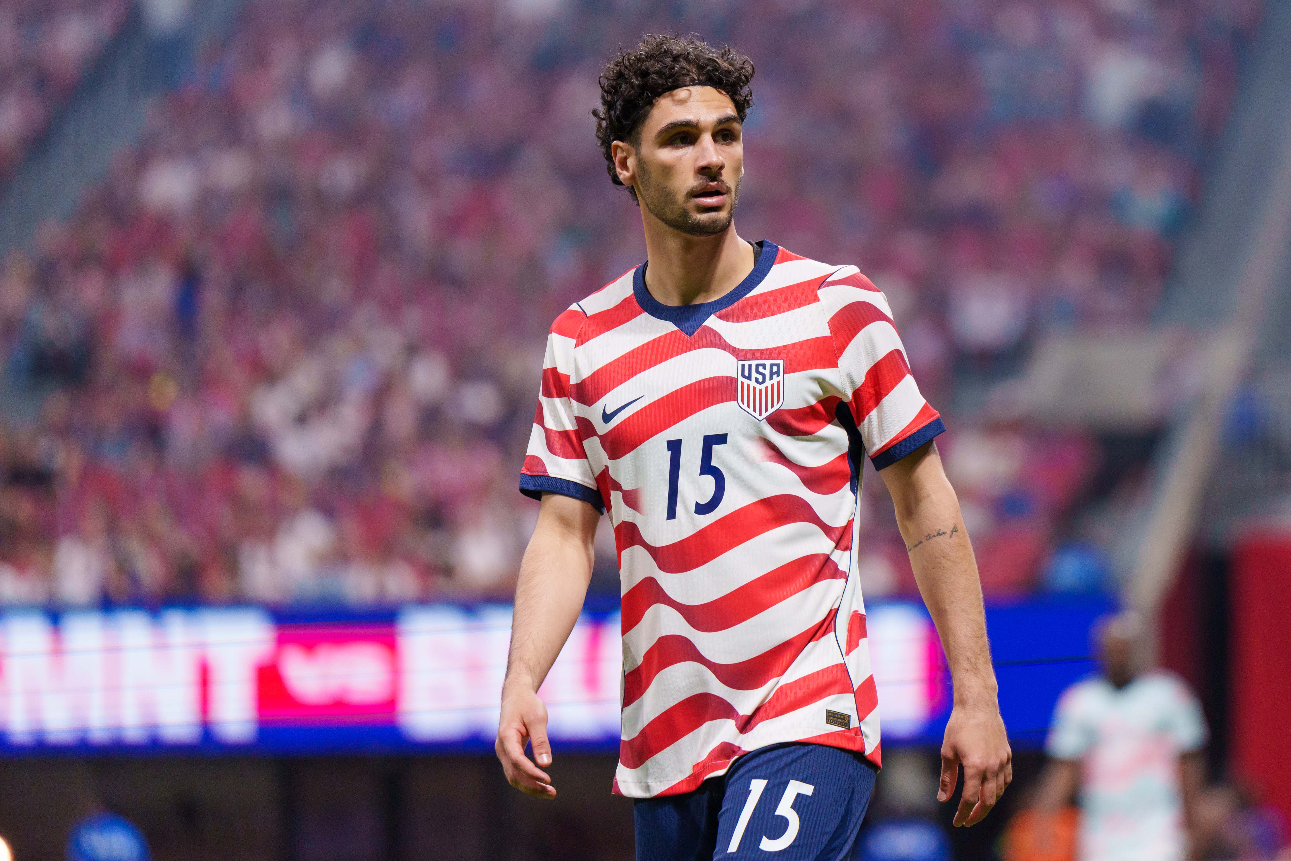 ATLANTA, GEORGIA - MARCH 28: Johnny Cardoso #15 of the United States gets ready for a corner kick during the first half of a game between the United States and Belgium during an international friendly at Mercedes-Benz Stadium on March 28, 2026 in Atlanta, Georgia. (Photo by Andrew J. Clark/ISI Photos/USSF/Getty Images)