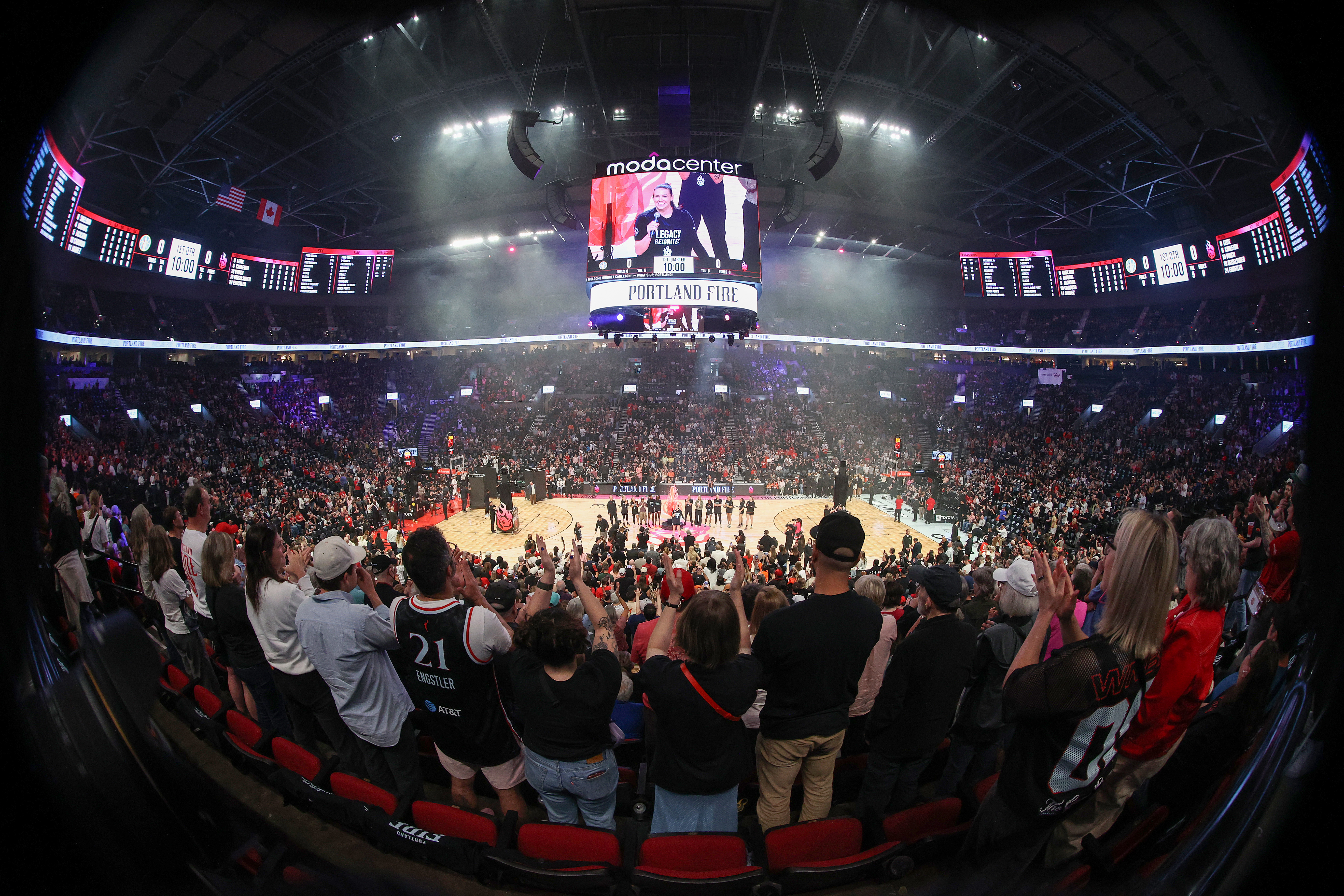 PORTLAND, OREGON - MAY 09: Fans applaude the Portland Fire as they are introduced before the game against the Chicago Sky at Moda Center on May 09, 2026 in Portland, Oregon. (Photo by Steph Chambers/Getty Images)