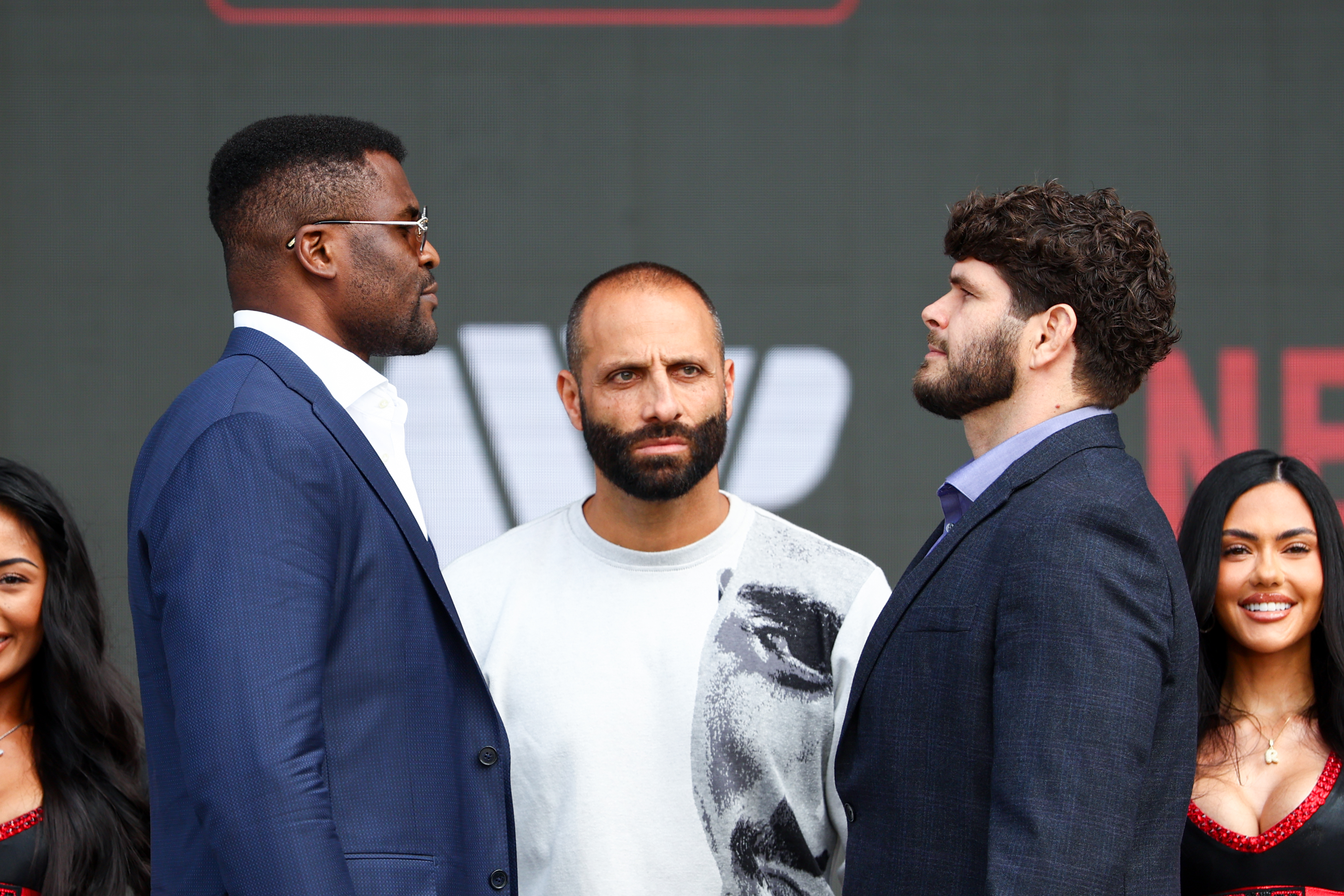 INGLEWOOD, CALIFORNIA - MARCH 10: Francis Ngannouand Philipe Lins face off during Netflix's Ronda Rousey x Gina Carano Los Angeles MMA Press Conference at Intuit Dome on March 10, 2026 in Inglewood, California. (Photo by Melina Pizano/Getty Images for Netflix)