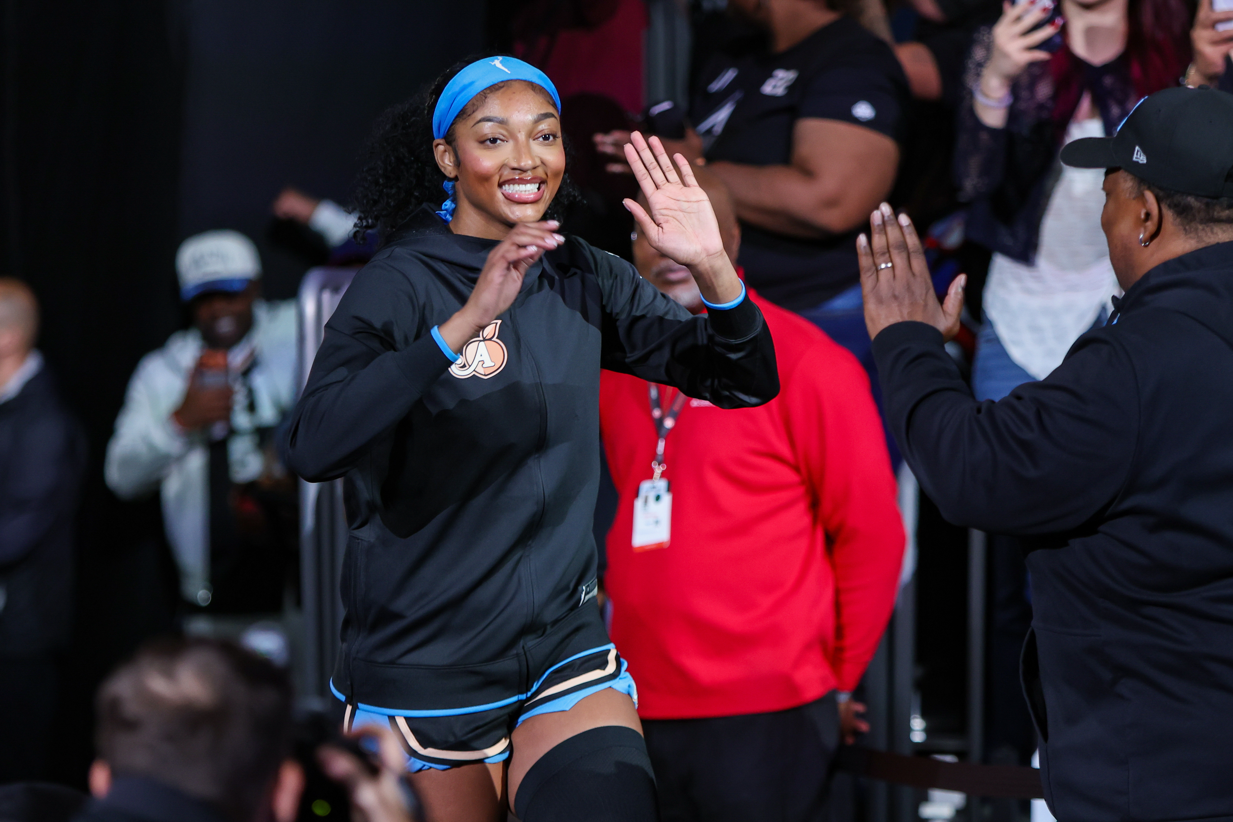 May 17, 2026; Atlanta, Georgia, USA; Atlanta Dream forward Angel Reese (5) is introduced before a game against the Las Vegas Aces at State Farm Arena. Mandatory Credit: Brett Davis-Imagn Images