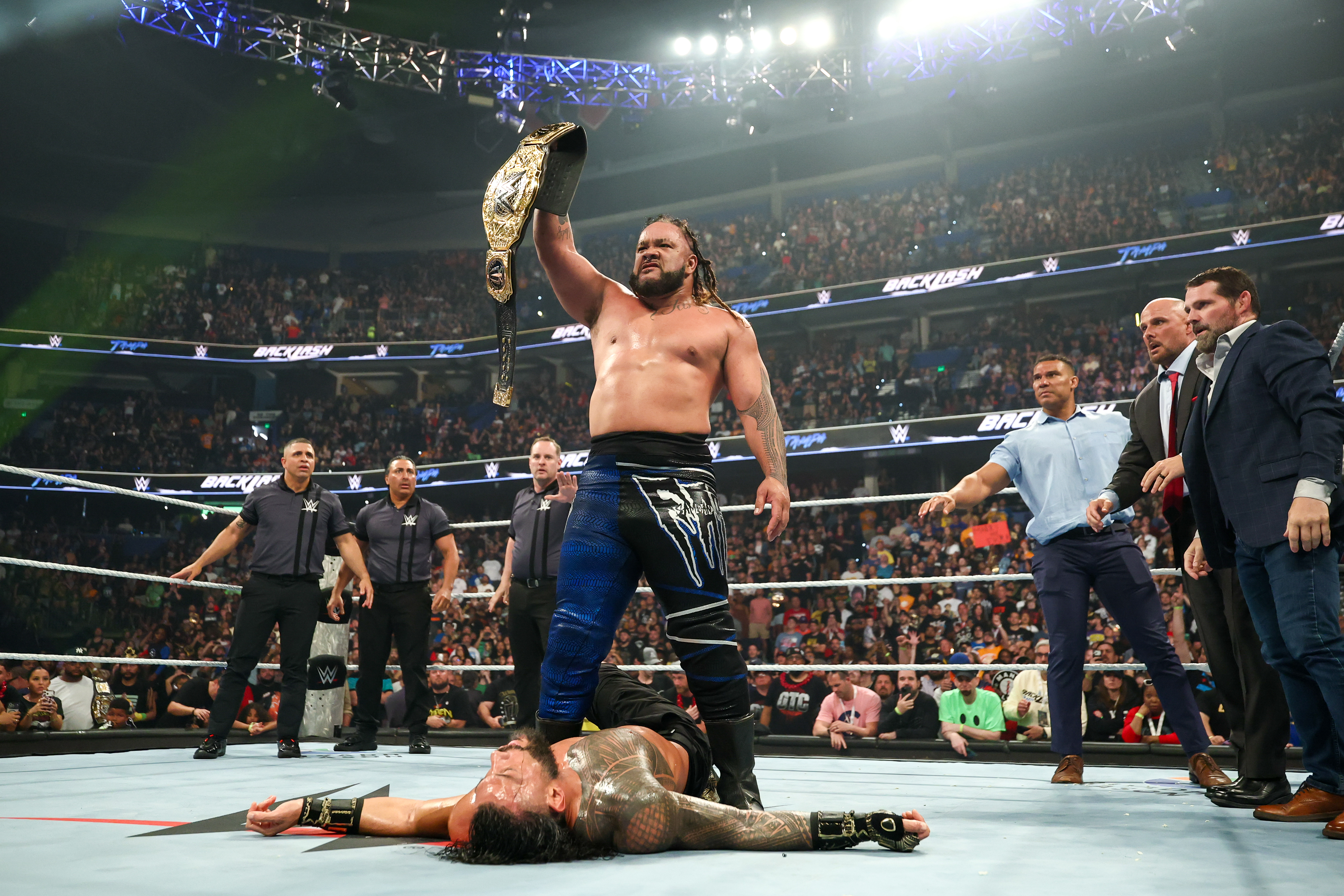 TAMPA, FLORIDA - MAY 9: Jacob Fatu celebrates over Roman Reigns during WWE Backlash at Benchmark International Arena on May 9, 2026 in Tampa, Florida.  (Photo by Kevin Sabitus/WWE via Getty Images)