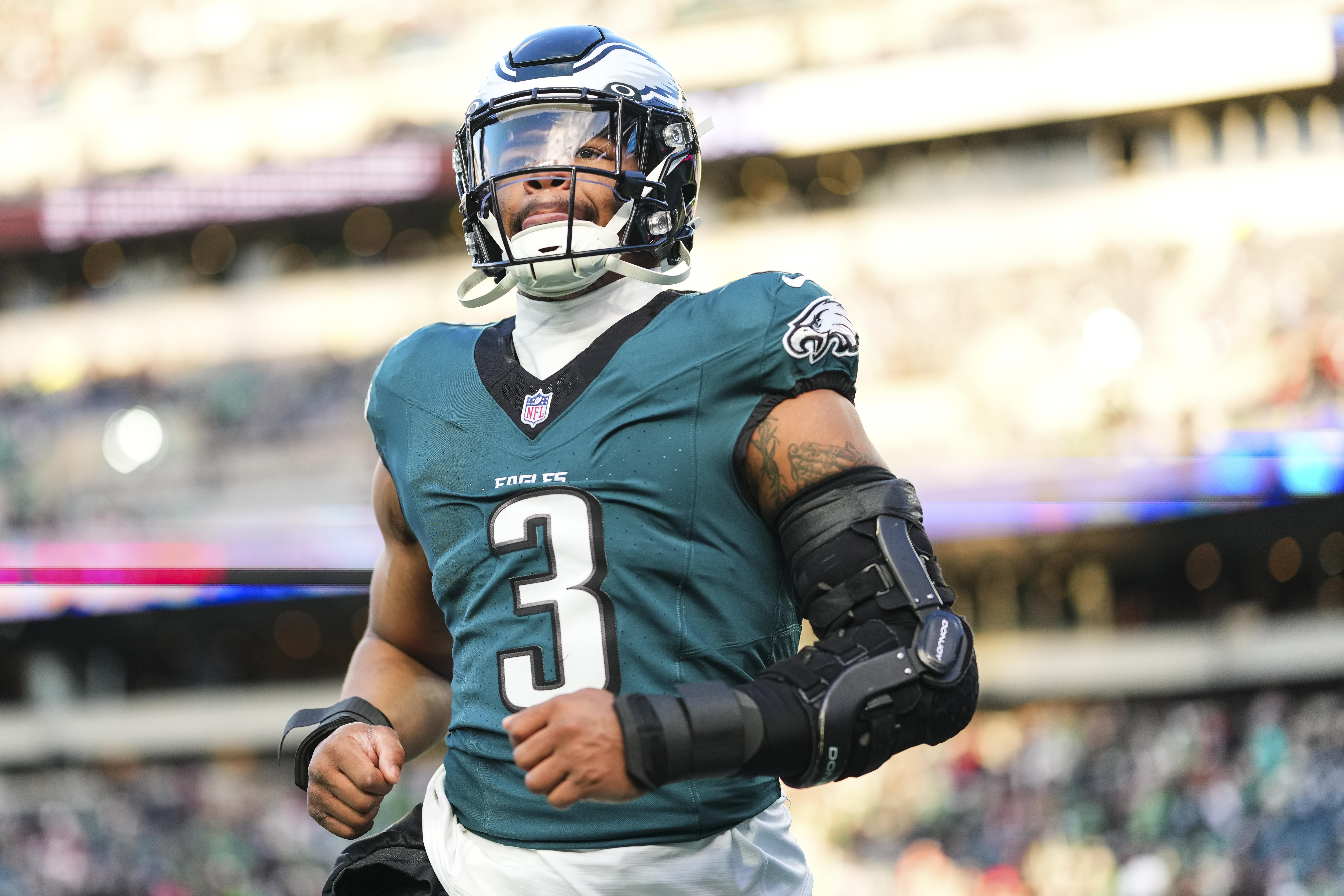PHILADELPHIA, PA - JANUARY 11: Nolan Smith Jr. #3 of the Philadelphia Eagles exits the field after warmups prior to an NFL wild card playoff football game against the San Francisco 49ers at Lincoln Financial Field on January 11, 2026 in Philadelphia, Pennsylvania. (Photo by Cooper Neill/Getty Images)