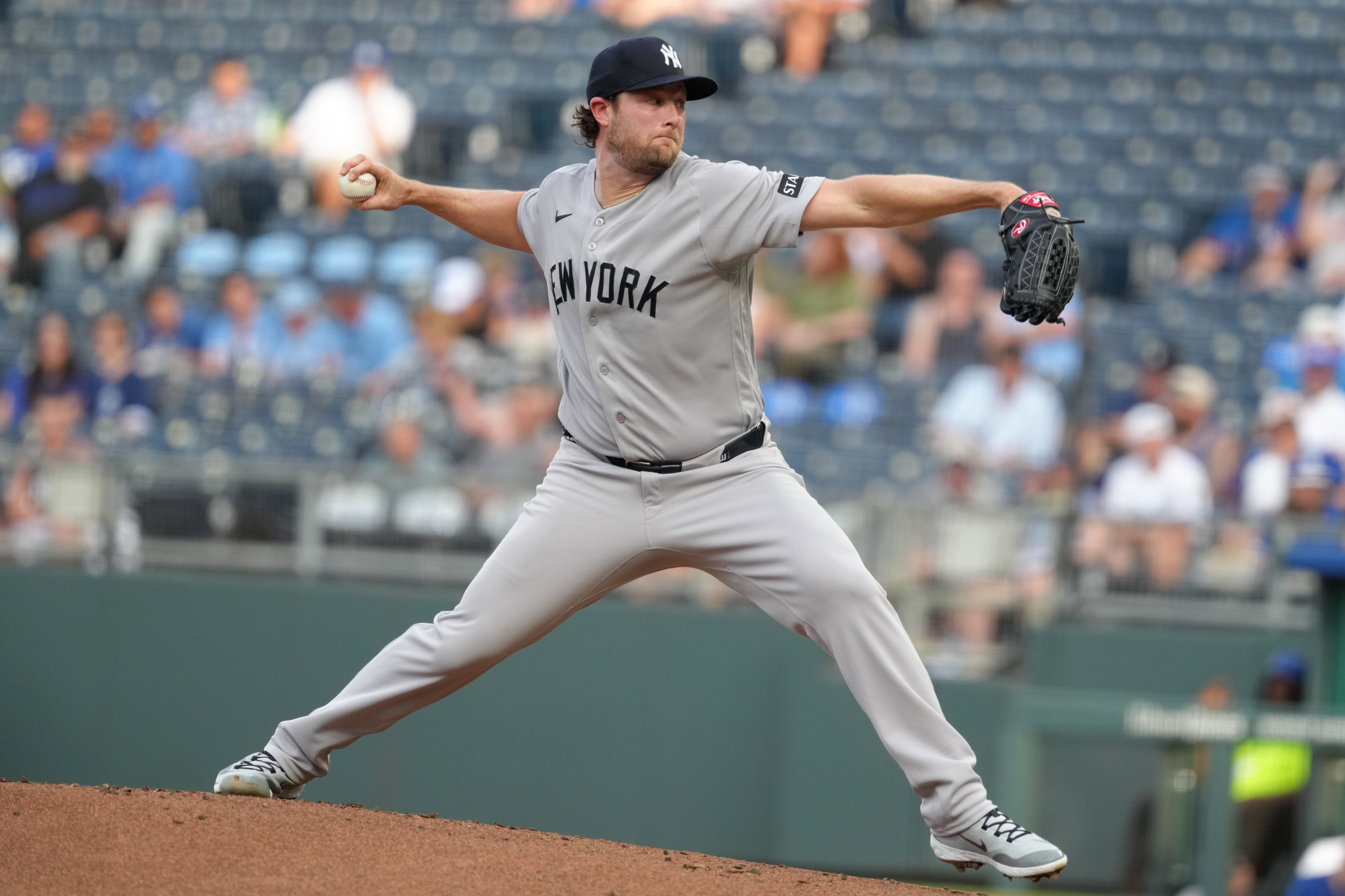 KANSAS CITY, MISSOURI - MAY 27: Gerrit Cole #45 of the New York Yankees throws in the first inning against the Kansas City Royals at Kauffman Stadium on May 27, 2026 in Kansas City, Missouri. (Photo by Ed Zurga/Getty Images)